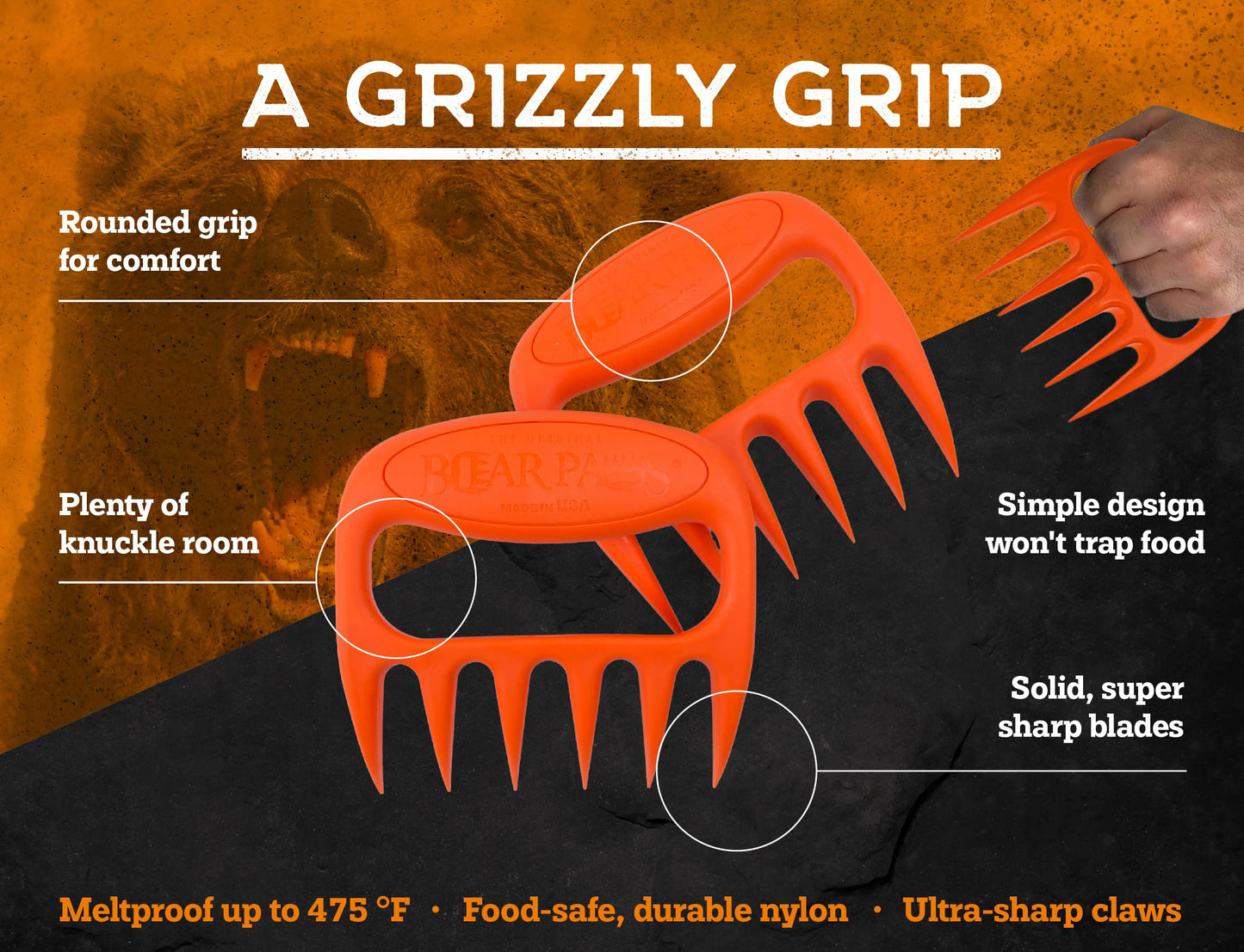 Bear Paws Meat Claws - The Original BBQ Meat Shredder Claws for Pulled Pork, USA Made - Easily Lift, Shred, Pull and Serve Pork, Chicken, Brisket and Turkey - Valentine’s Day Gifts for Men (Orange)