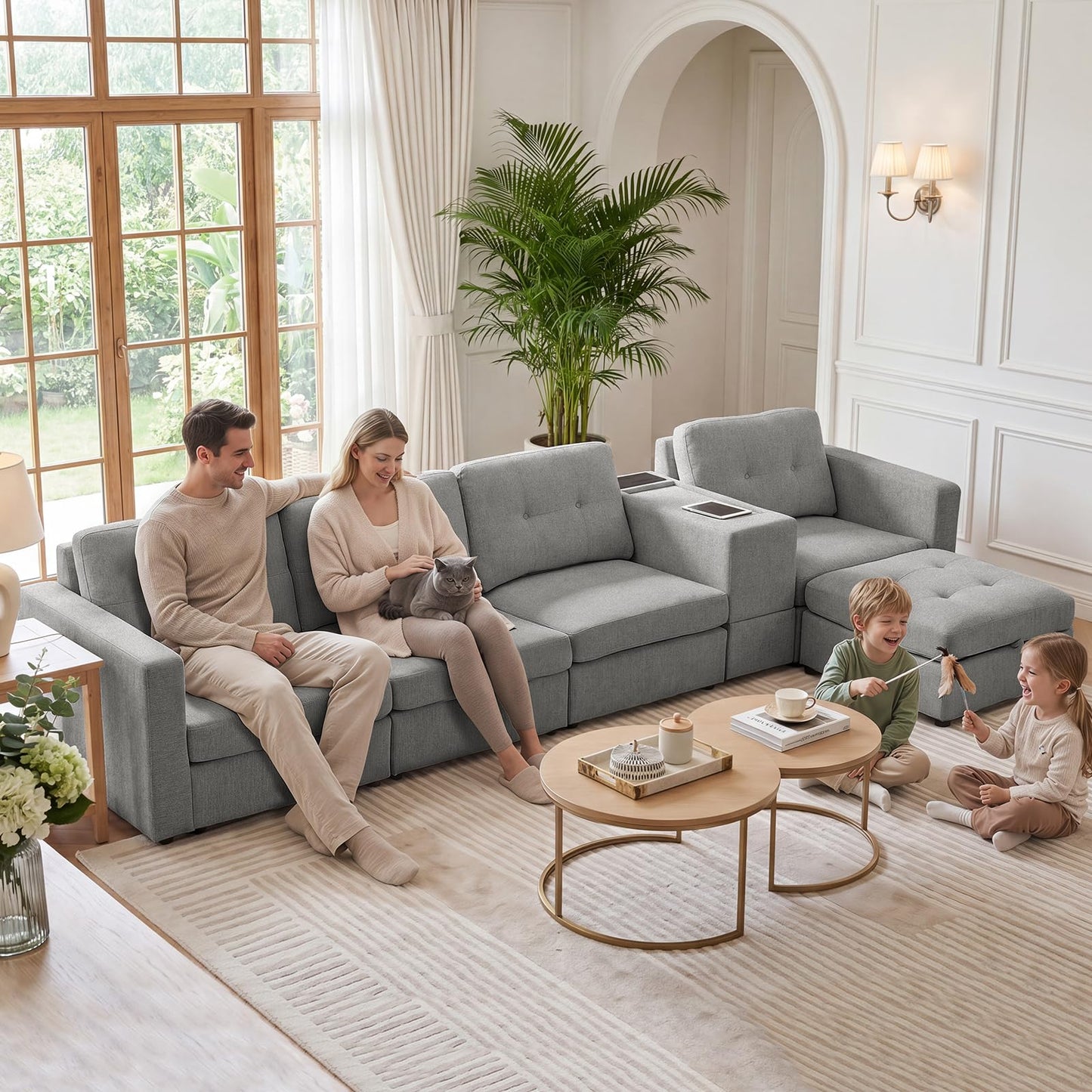 Furnimart 140" Oversized Modular Sectional Sofa with Power Outlets & USB Ports, Storage Console & Ottoman, Deep Seat Chenille Sectional Couch for Living Room, Wood Frame, Grey