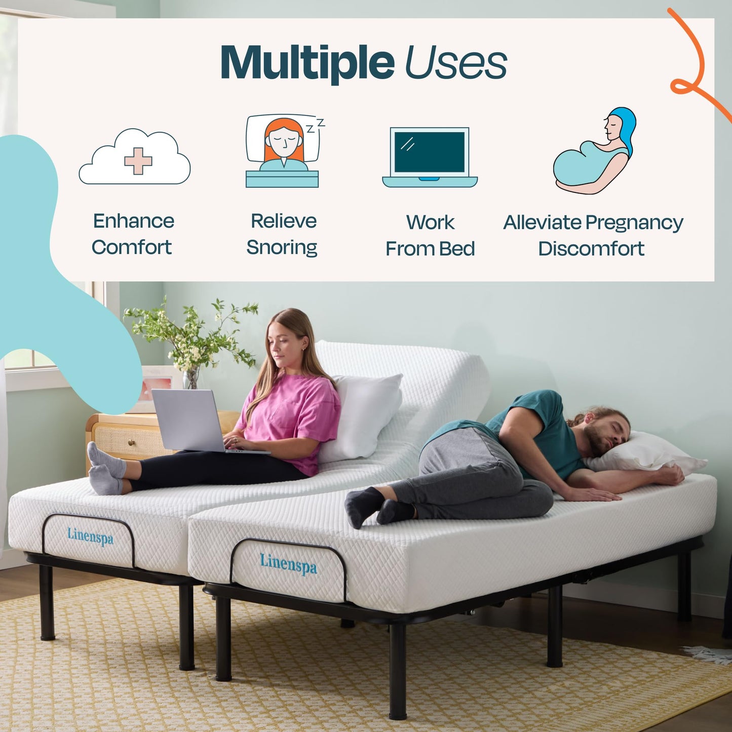 Linenspa Adjustable Bed Base — Motorized Head and Foot Incline — Twin XL