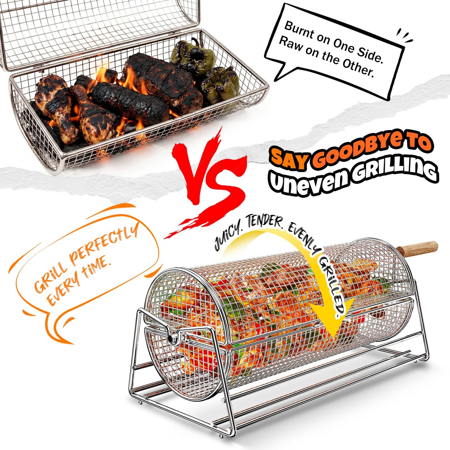 2-in-1 Rolling Grill Basket with Dual Handles, 304 Stainless Steel Rotatable BBQ Basket with Crank Handle & Straight Grip Handle, Grill Net for Vegetables, Shrimp & More, Gift Idea for Men, Dad, Husband