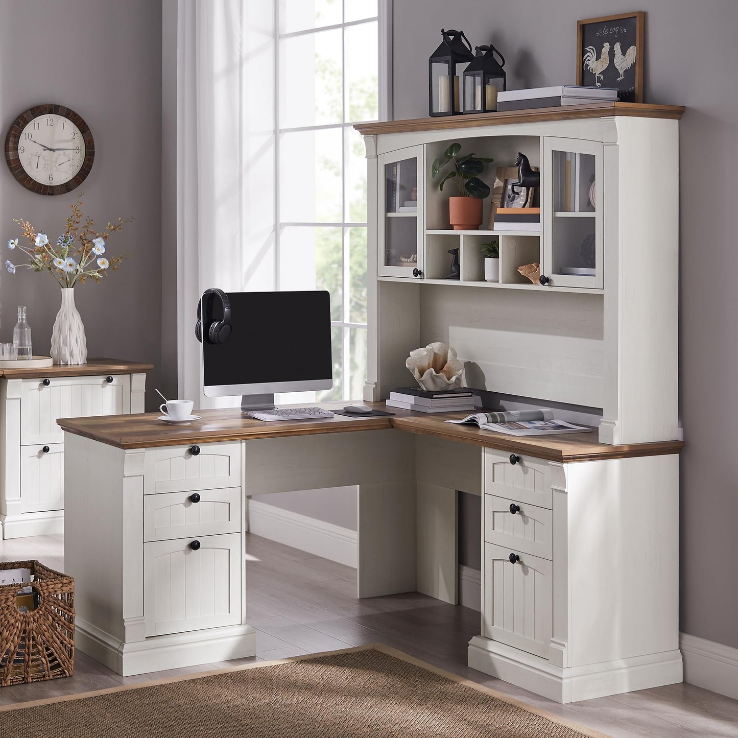 OKD 60" Farmhouse Desk Hutch, Glass Door Storage Cabinet, Antique White