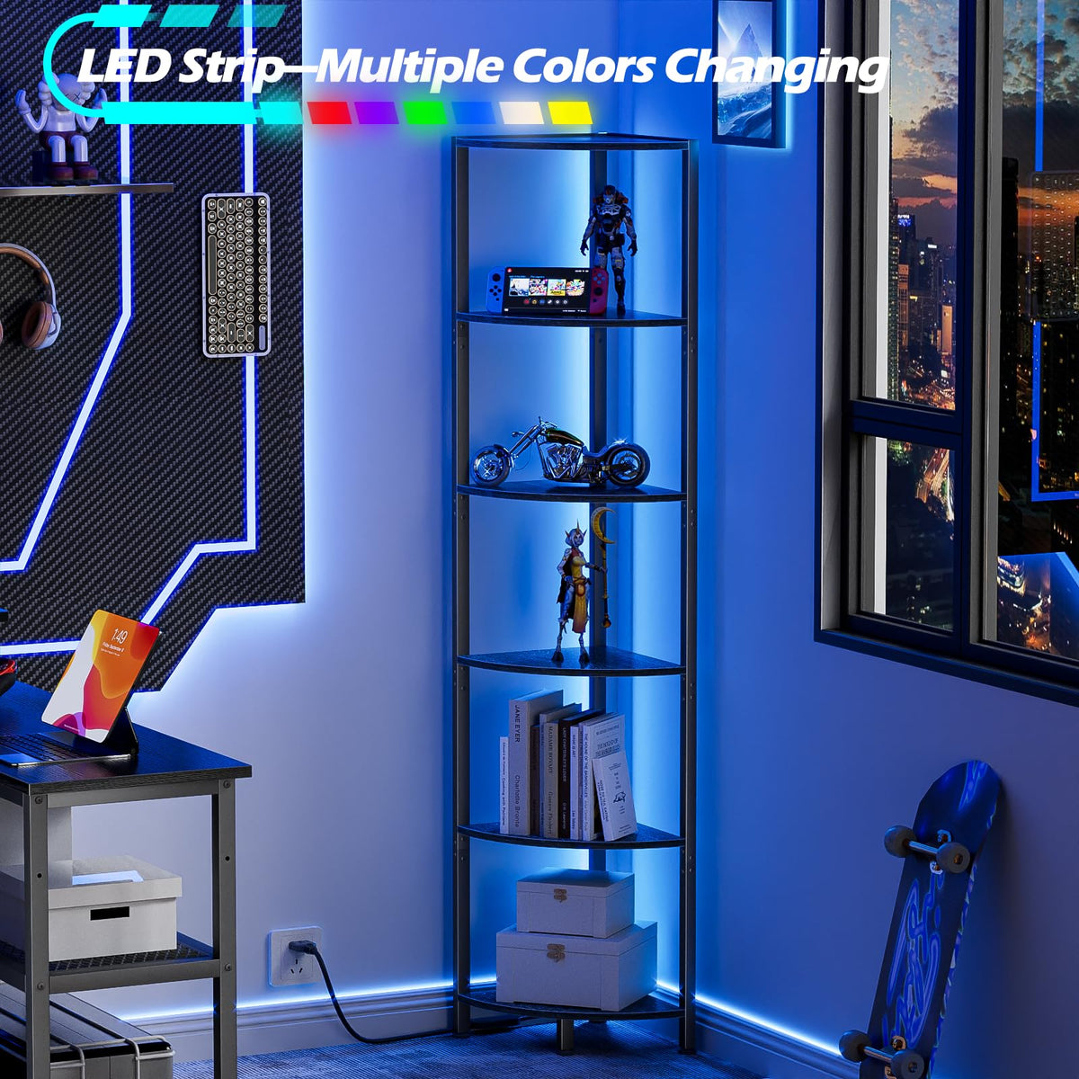 Furnulem 6 Tier Corner Shelf with LED Light, 67.5" Black Narrow Bookshelf