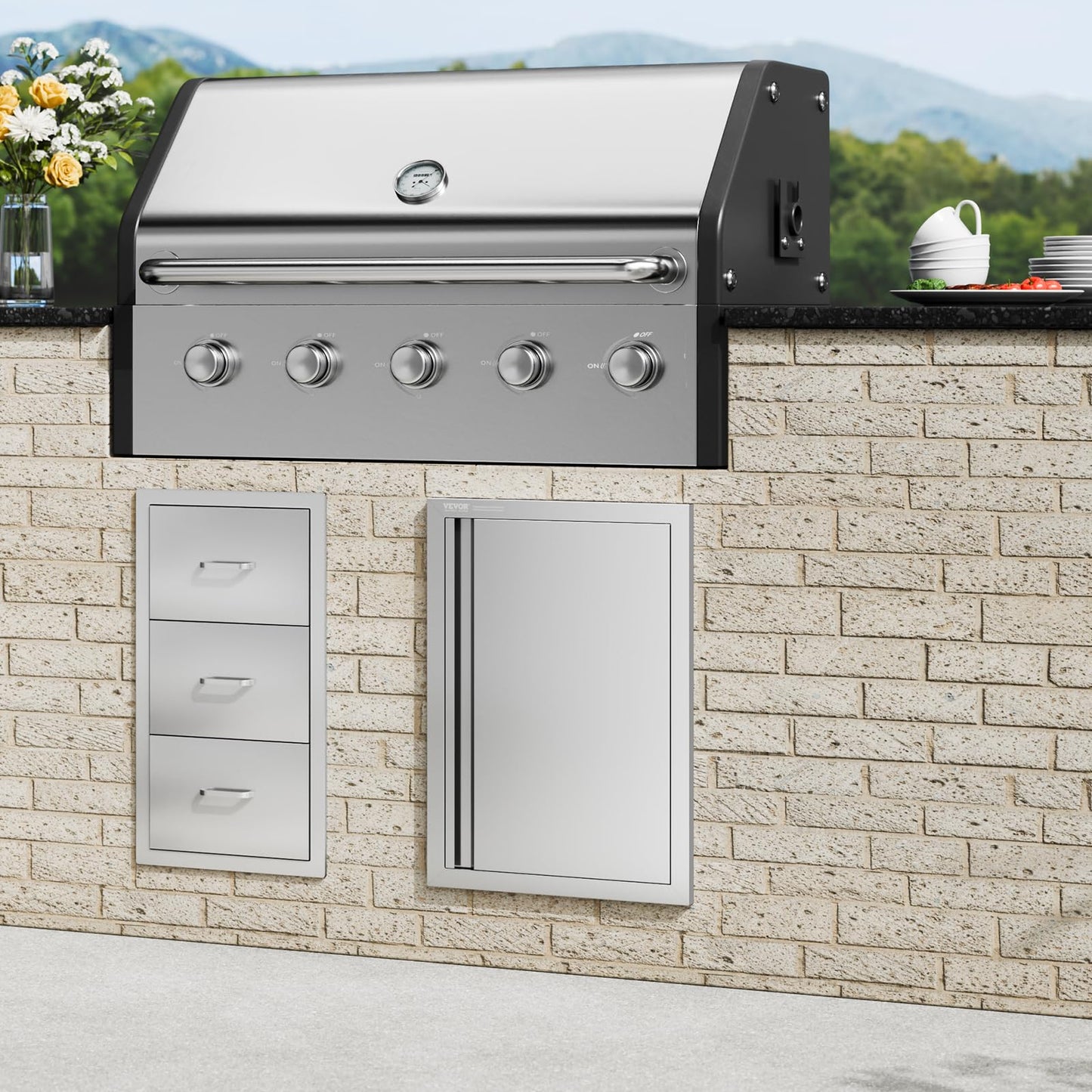 VEVOR BBQ Access Door, 17W x 24H Inch Single Outdoor Kitchen, Stainless Steel Flush Mount, Wall Vertical with Recessed Handle, for BBQ Island, Grilling Station, Outside Cabinet