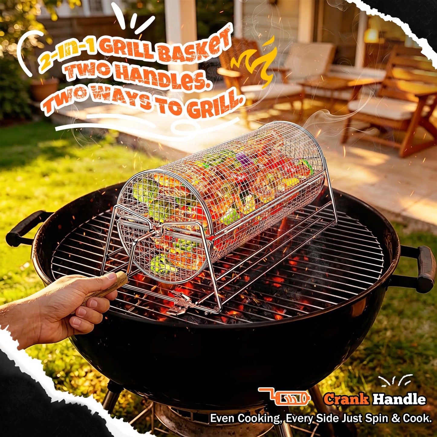 2-in-1 Rolling Grill Basket with Dual Handles, 304 Stainless Steel Rotatable BBQ Basket with Crank Handle & Straight Grip Handle, Grill Net for Vegetables, Shrimp & More, Gift Idea for Men, Dad, Husband