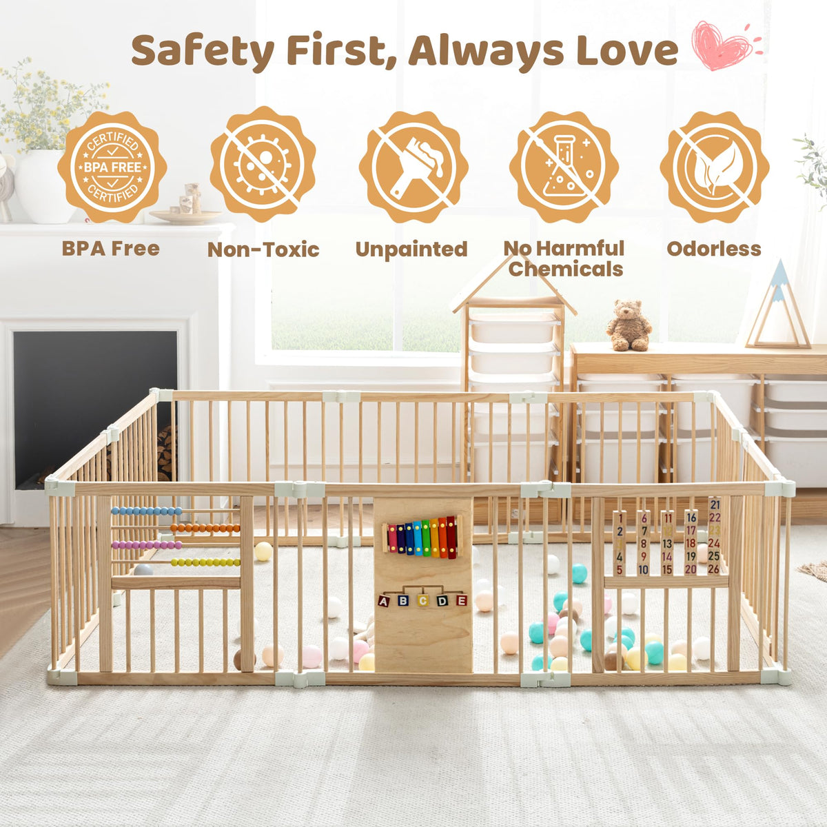 GGF Wooden Baby Playpen with 3 Montessori Toys, Foldable, 89 x 59 in