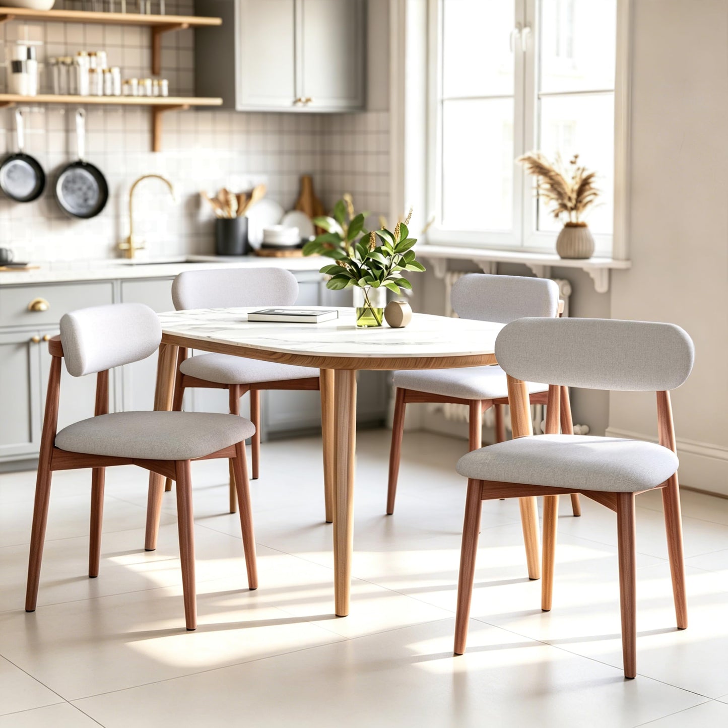 Fabulcozy Solid Wood Dining Chairs Set of 2, Mid‑Century Modern Square Seat Cushion Chairs with Extra‑Thick 1.6" Legs and Curved Back, Heavy‑Duty Kitchen & Dining Room Chairs, Beige