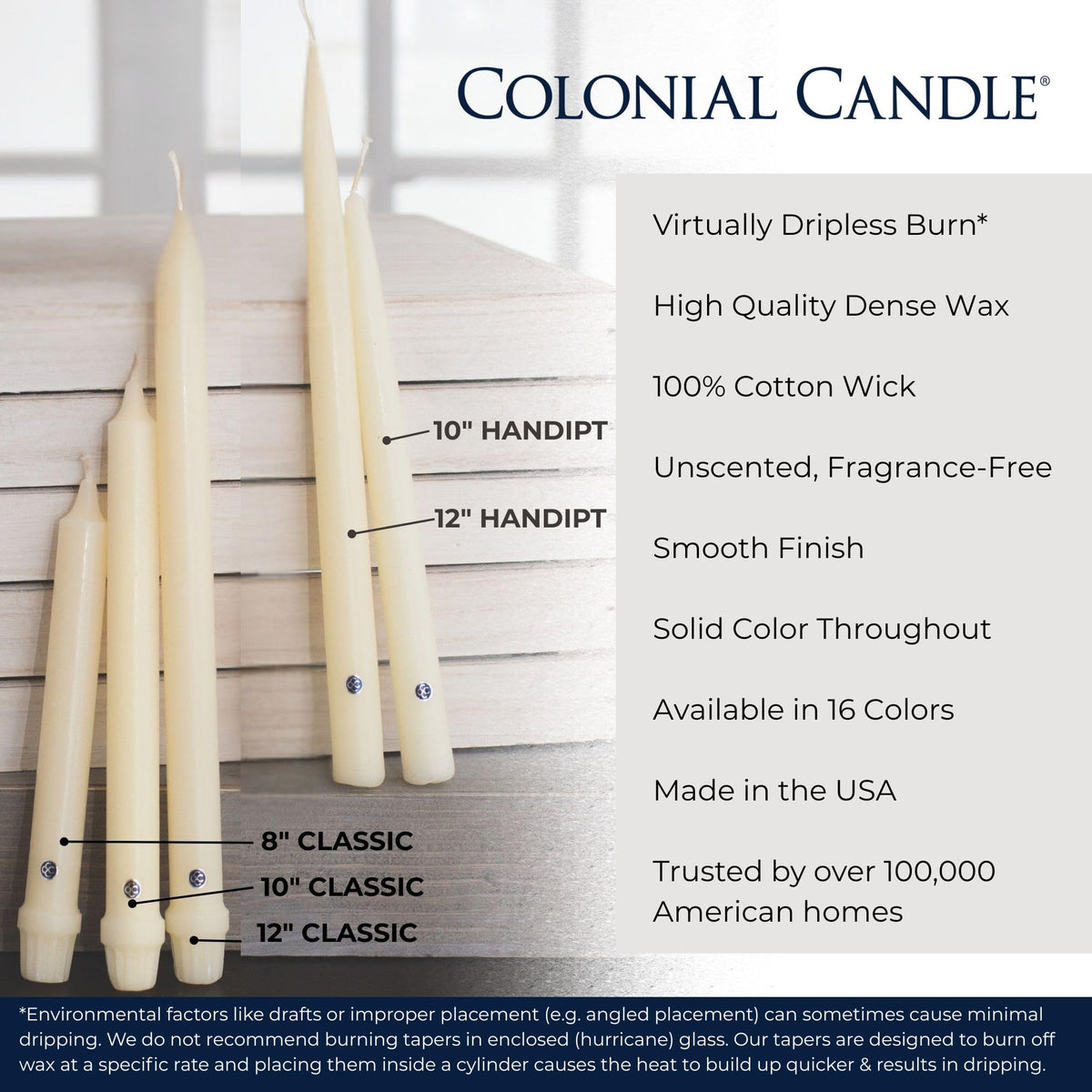 Colonial Candle Unscented Taper Candle, Handipt Collection, Mulberry, 10 in, Pack of 12 - Up to 8 Hours Burn