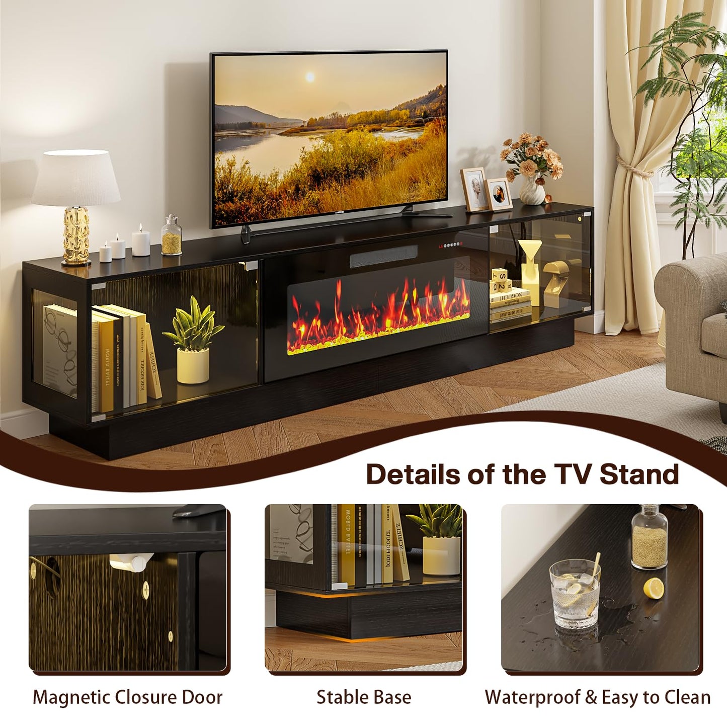 PRETZI 80 Inch Modern Fireplace TV Stand, Luxury TV Stand with 36" Fireplace for TVs Up to 90", Glossy Glass Doors Entertainment Center with Adjustable RGB LED Light for Living Room, Black