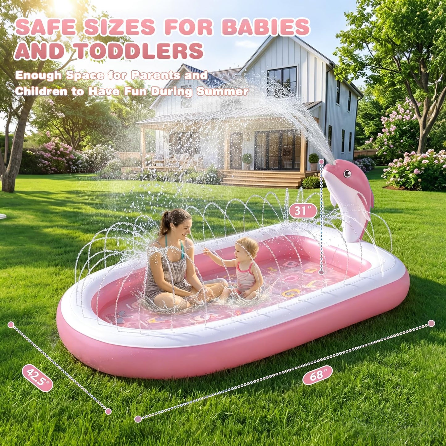 Splash Pads for Toddlers 1-3, Dolphin Toy Sprinkler for Kids, Outdoor Play Mat for Babies, 68" Backyard Inflatable Kiddie Pool, Splash Pad for Kids Ages 4-8, Birthday Gifts for 1 Year Old Boy Girl