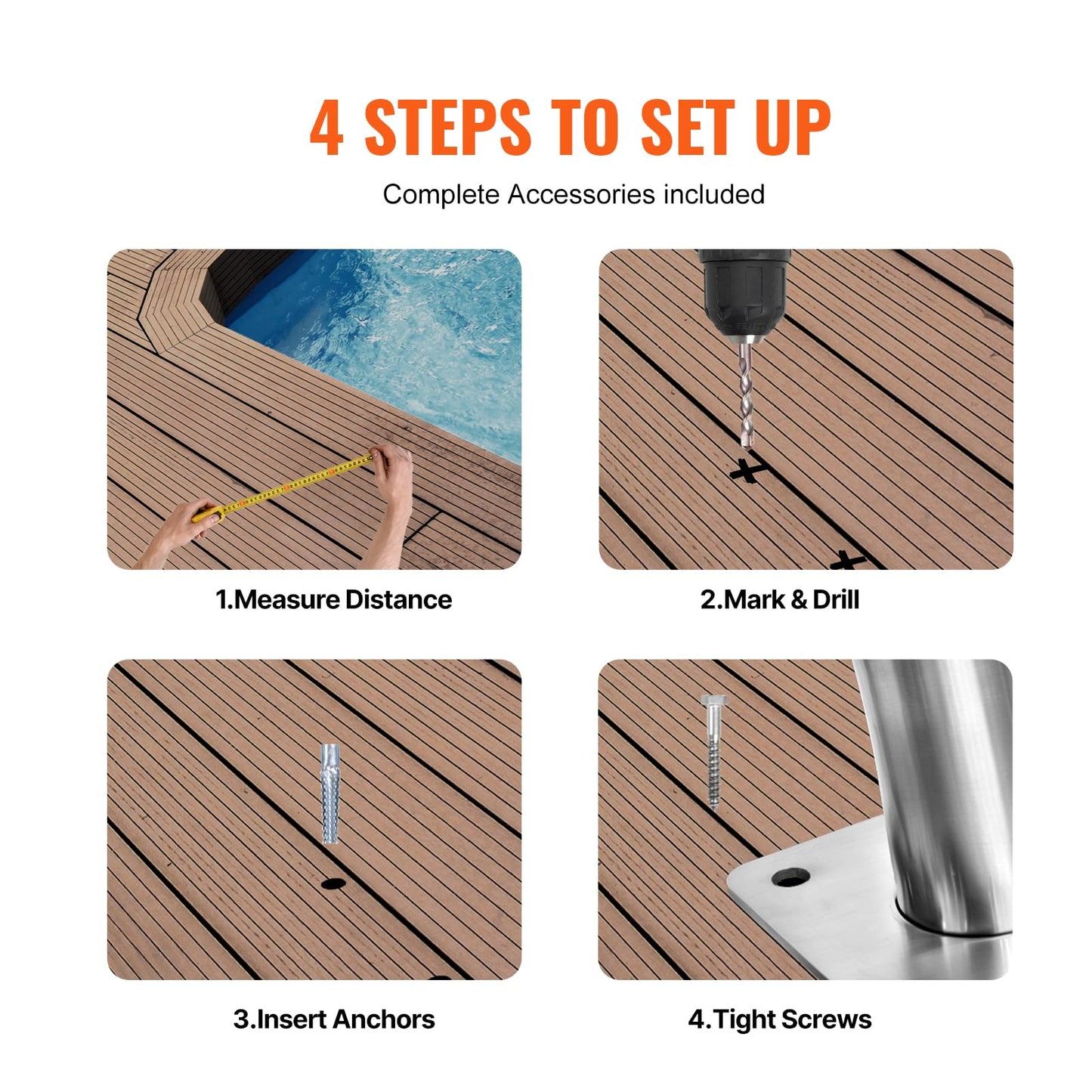 VEVOR Pool Handrail, 2 PCS 55 x 32 inch Railing, Stainless Steel with Base Plate for Indoor/Outdoor, Rust-Proof Grab Bar w/Grip Cover&Accessories for Decks/Spas
