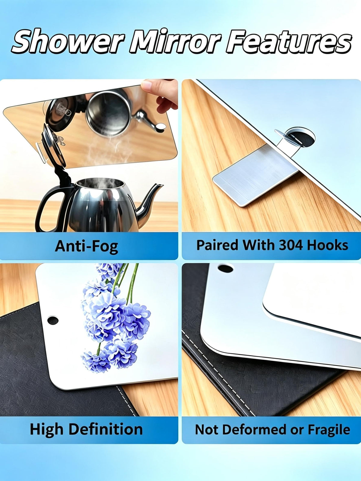 Shower Mirror for Shaving,(1 Pcs 11x8 Inch) Shaving Mirror Holder NO-Drilling Waterproof, Small Wall Mounted Bathroom Accessories Camping Hanging Men