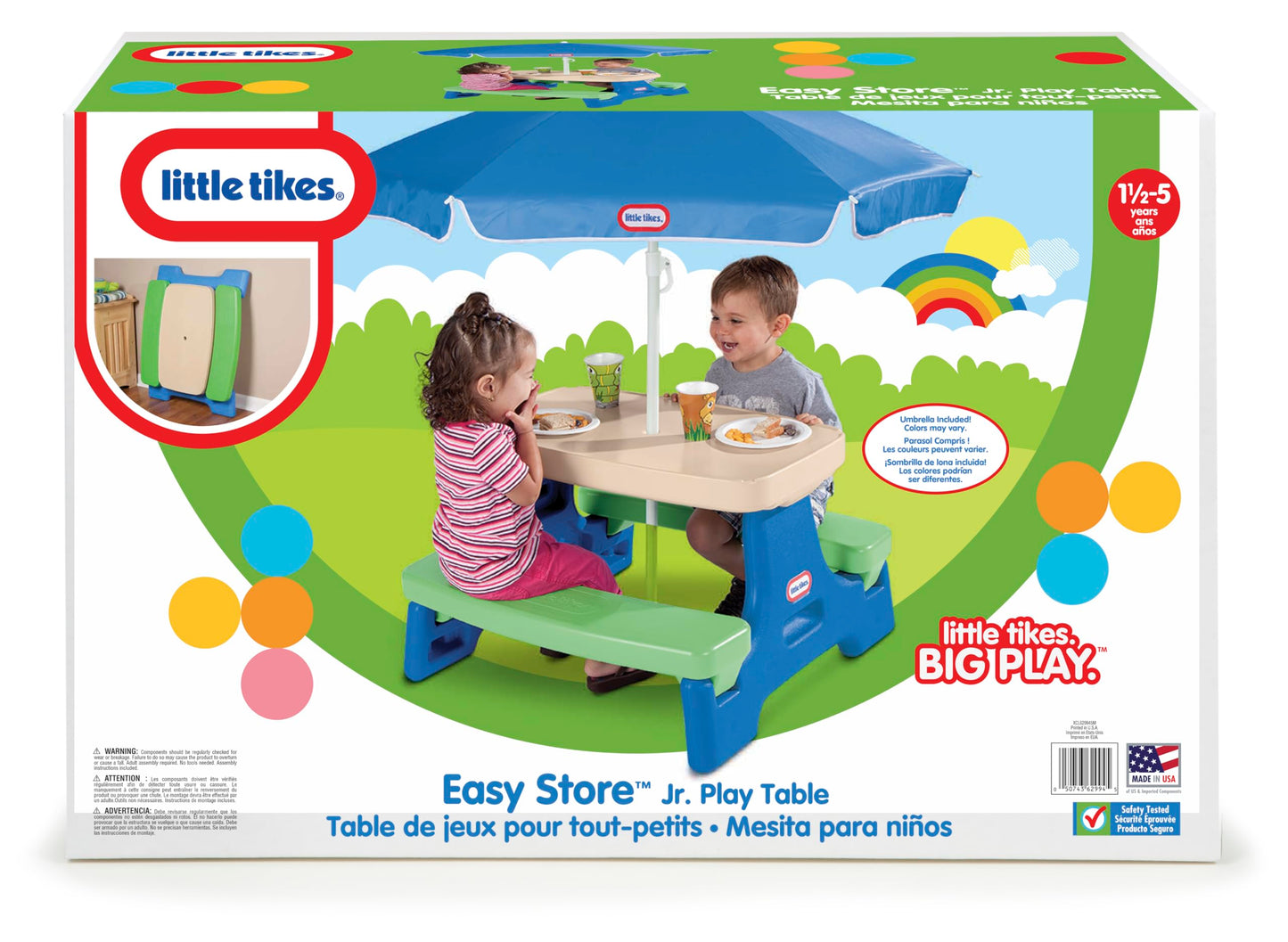 Little Tikes Easy Store Jr. Picnic Table with Umbrella - Blue / Green, 27.25''L x 27.00''W x 18.25''H
