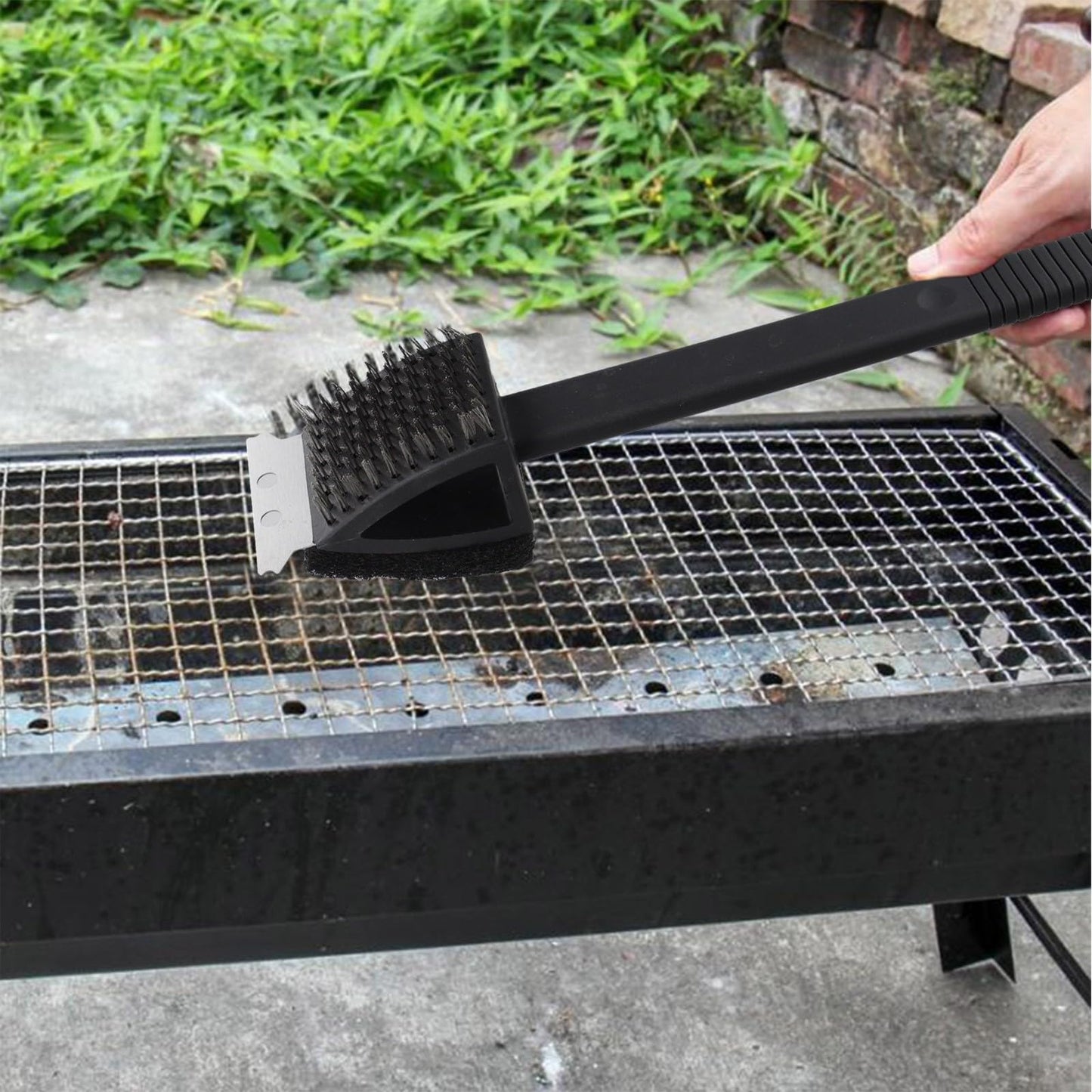 Three-in-One BBQ Grill Cleaning Brush with Stainless Steel Bristles, Scraper and Sponge, Ergonomic Handle for Outdoor Cooking Maintenance, Black 14.4 x 2.8 in
