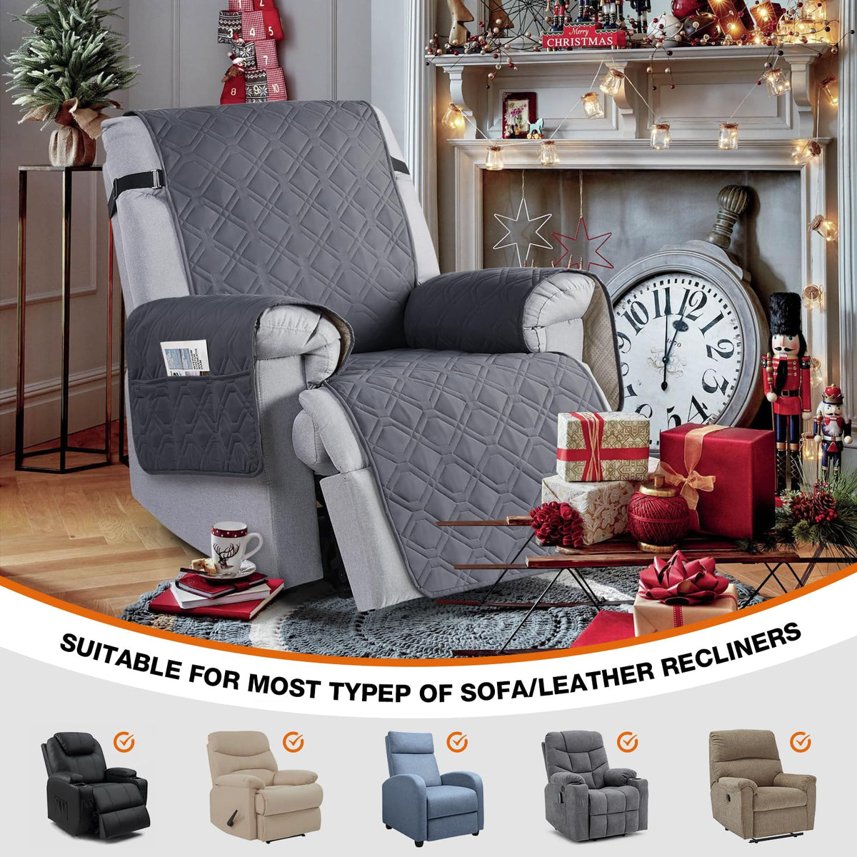 VANSOFY 100% Waterproof Recliner Chair Covers, Recliner Cover Non-Slip Dog Chair Cover Furniture Protector Washable Slipcover with Pocket, Elastic Straps for Pets, Dogs(Dark Gray, 23.6")
