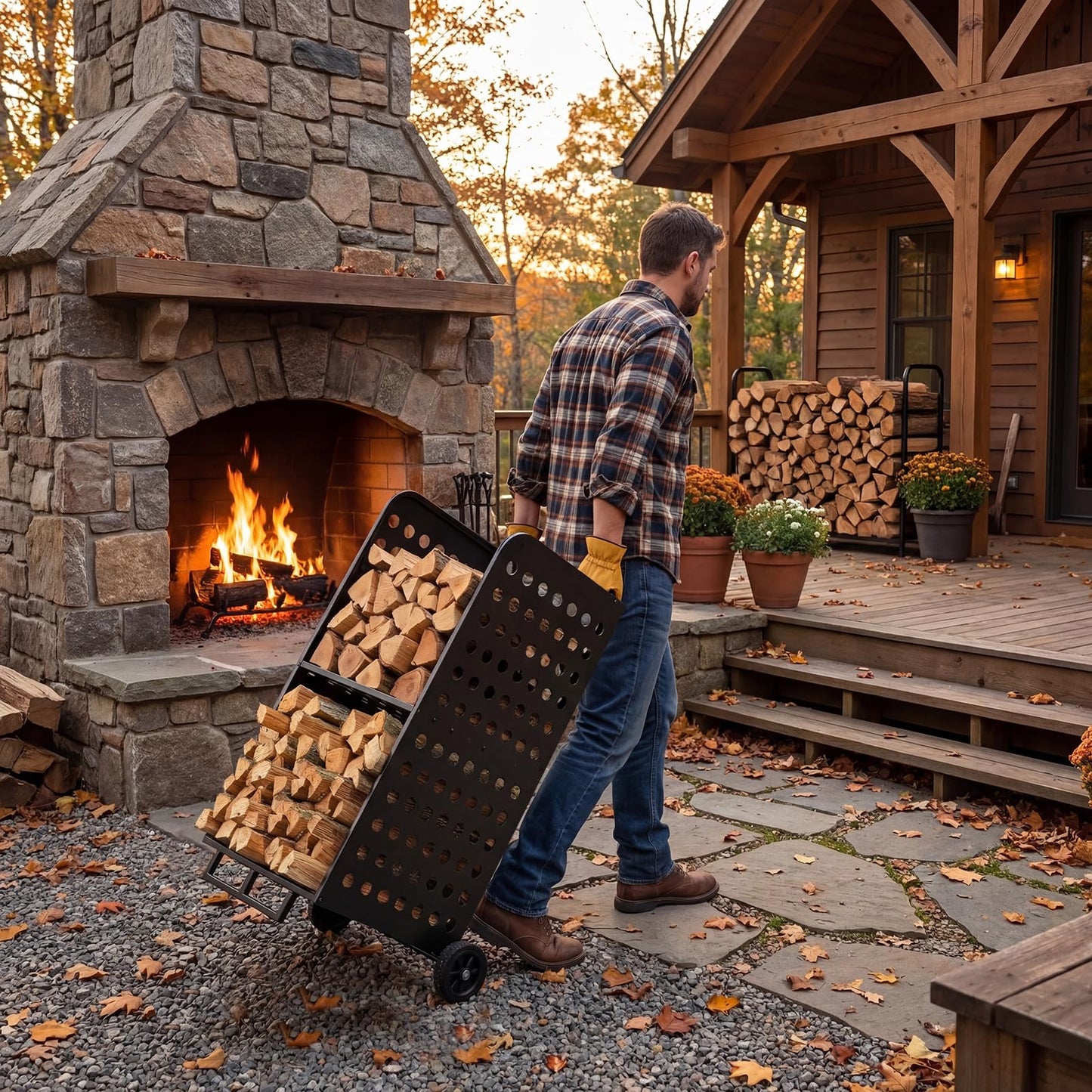 Cycayit Firewood Rack Outdoor Heavy Duty 800lbs - Rolling Firewood Cart with Wheels, All Weather Fire Wood Storage Rack Indoor Outdoor