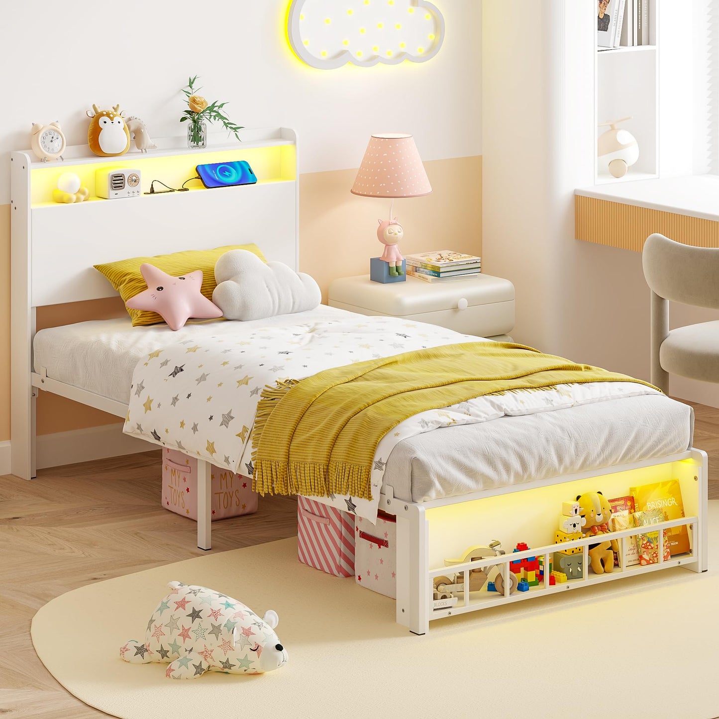 Timy Twin Size Bed Frame with LED Lights Metal Platform Bed for Boys and Girls Wooden Headboard with Charging Station No Box Spring Needed White