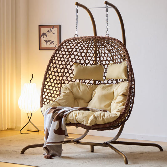 Double Swing Egg Chair with Stand, Hexagon Rattan Wicker Swing Chair Outdoor, Large 2 Person Patio Hanging Chair with Foldable Loveseat Removable Cushions (Beige)