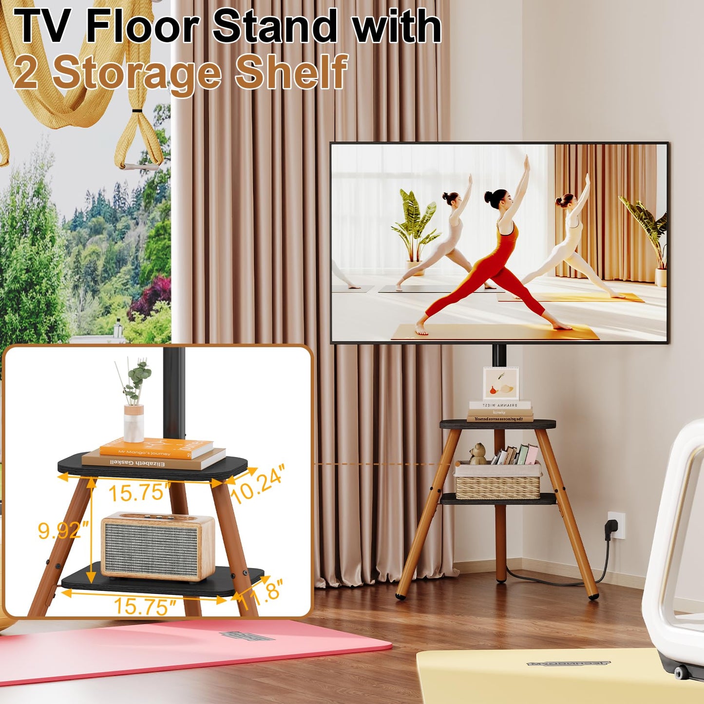 Tripod Easel TV Stand for 23-60 Inch TVs, Floor TV Stand with 2 Shelves and Cable Management for Bedroom/Living Room, Holds up to 80 lbs Adjustable Height Max VESA 400x400mm, Artistic Black Walnut