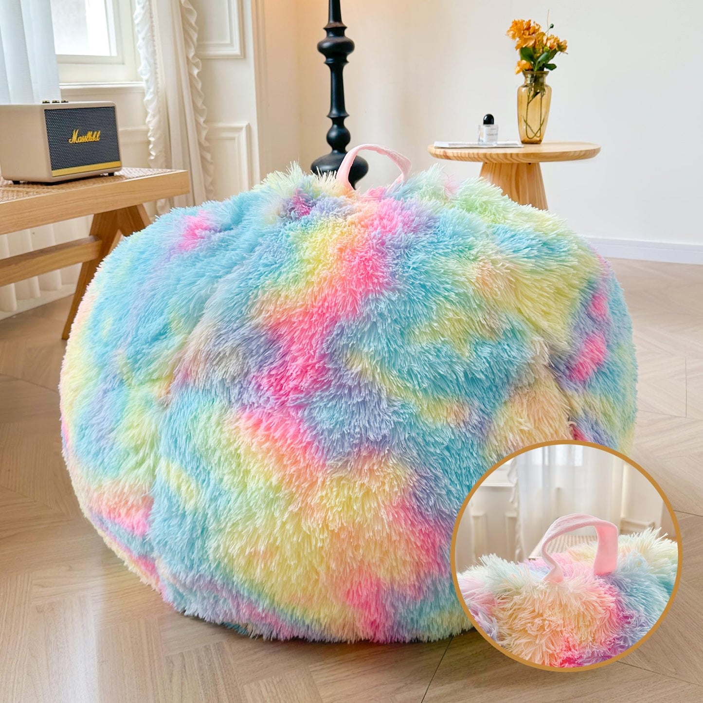 XeGe Faux Fur Comfy Bean Bag Cover(No Filler) for Living Room, Tie Dye Fluffy Stuffed Animal Storage Bean Bag Chair Cover, Furry Fuzzy Bean Bag Cover for Adults Teens Kids Girls, Anti-Slip, Rainbow