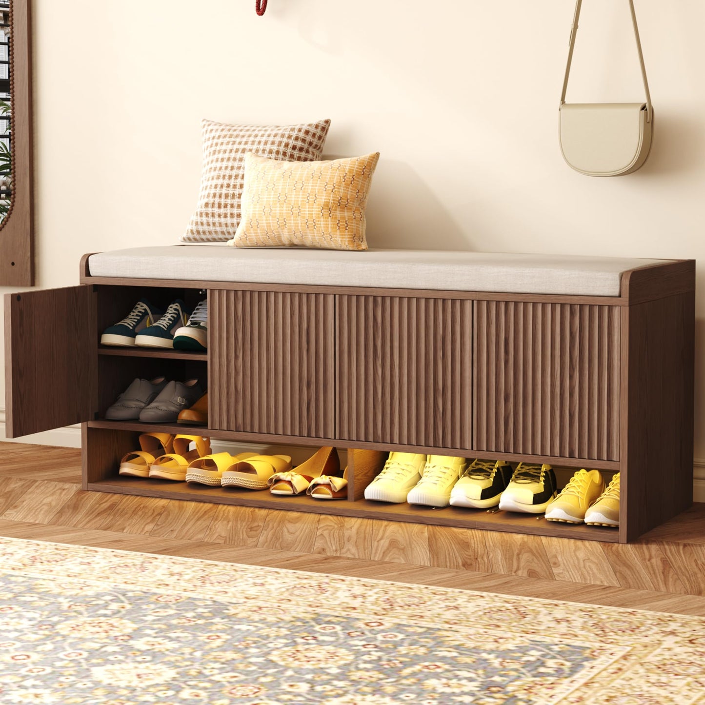 HOMEFORT 47.2" Fluted Shoe Storage Bench, Entryway Bench with Linen Seat Cushion, Shoe Cabinet Bench with Adjustable Shelf and Built-in LED Sensor Light, Bench for Bedroom End of Bed, Walnut
