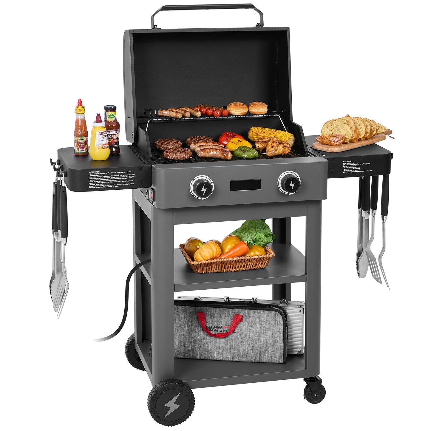 Royal Gourmet DL2001 Dual-Zone Electric Grill with Collapsible Side Shelves, 1800W Powerful Outdoor Electric Grill, 416 Sq. In., Digital Thermometer, Waterproof Switch, Backyard Cooking, Gray & Black