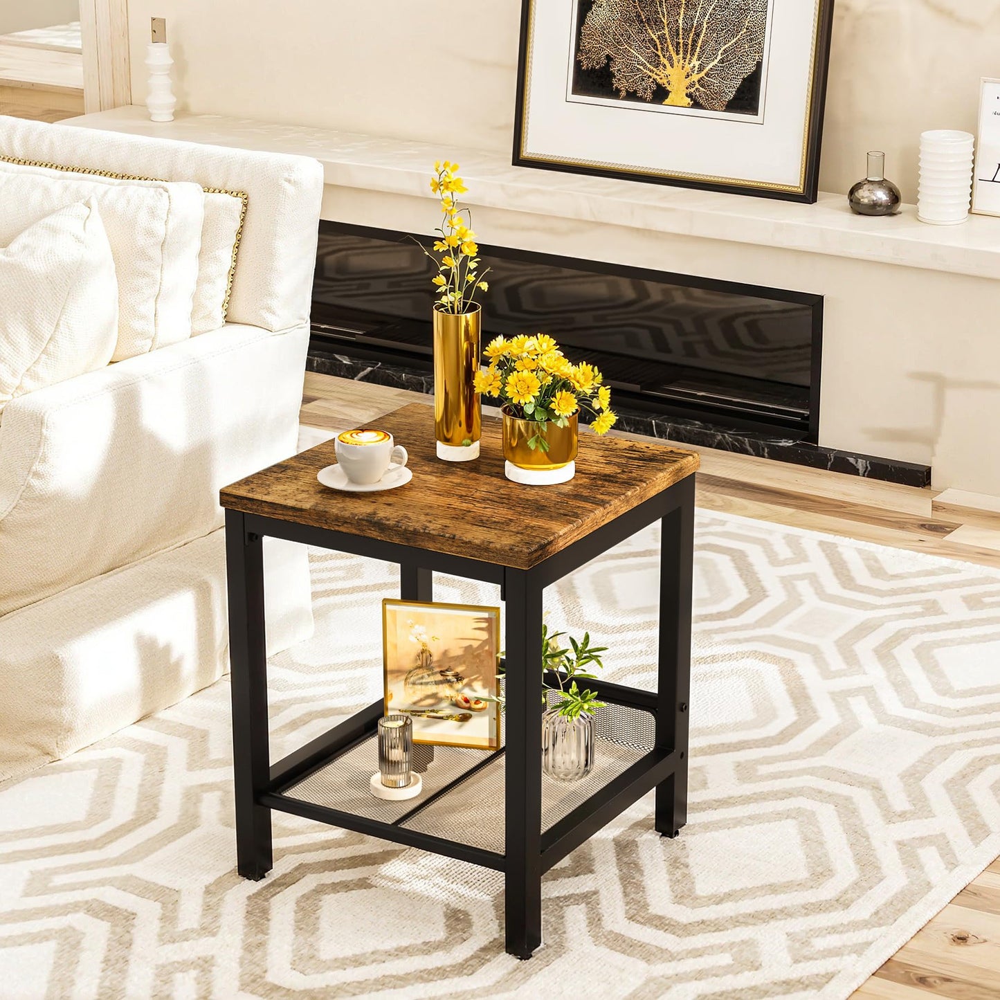 AWQM Coffee Table Industrial Coffee Table with 2 Square End Side Tables, Modern Living Room Table Set with Metal Frame for Apartment Home Office, Rustic Brown Set001