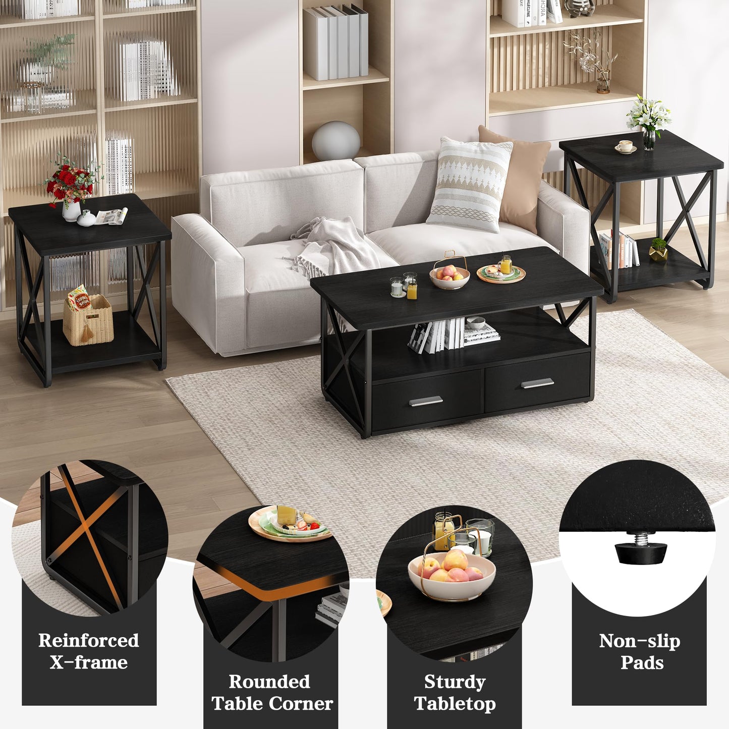 DKLGG 3 Piece Coffee Table Set for Living Room with Fabric Drawers and Storage Shelves, Rustic Wood and Metal Frame, Industrial Farmhouse Table with 2 End Tables for Small Spaces, Apartment, Black