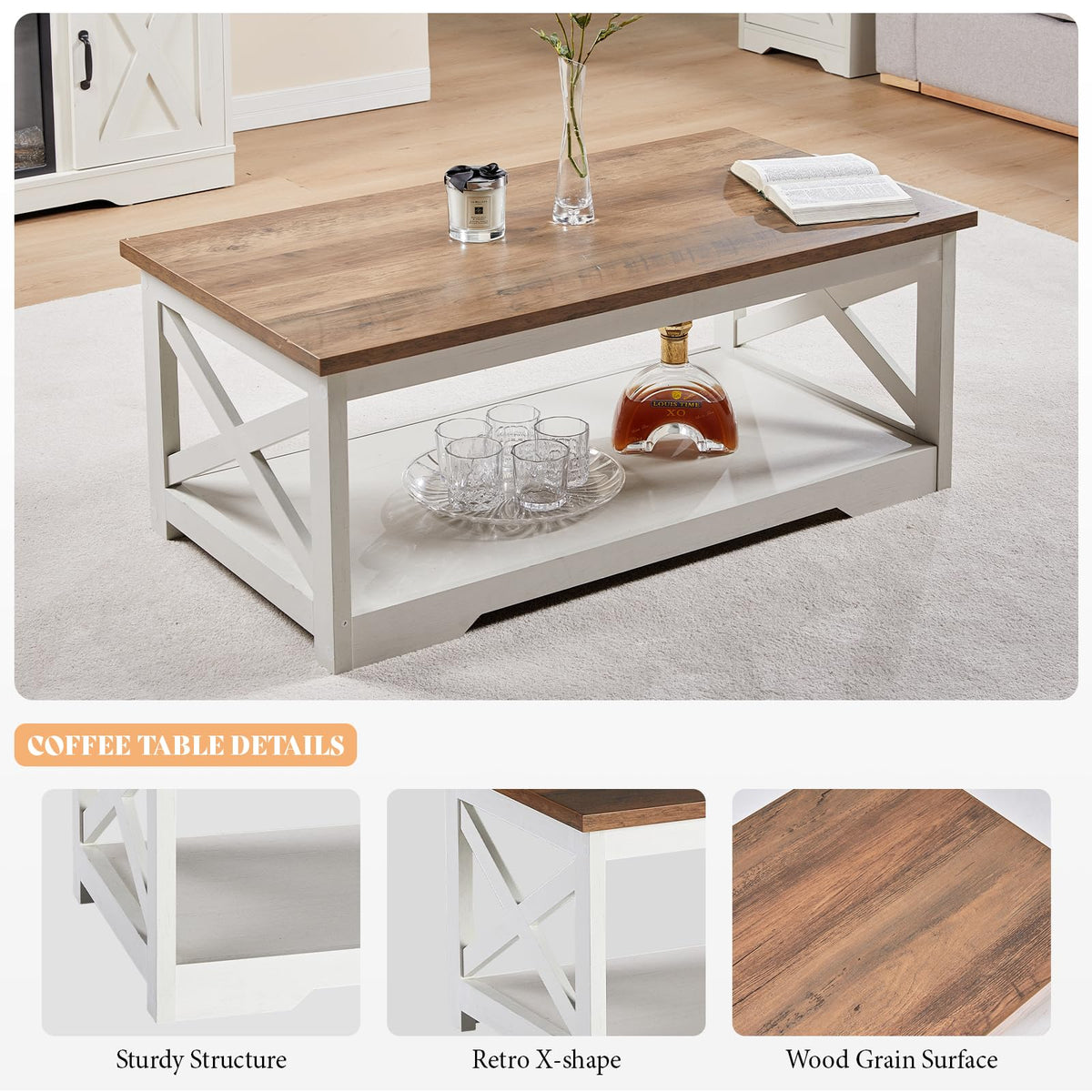 AMERLIFE Farmhouse Living Room Table Set with 63 Inch Fireplace TV Stand