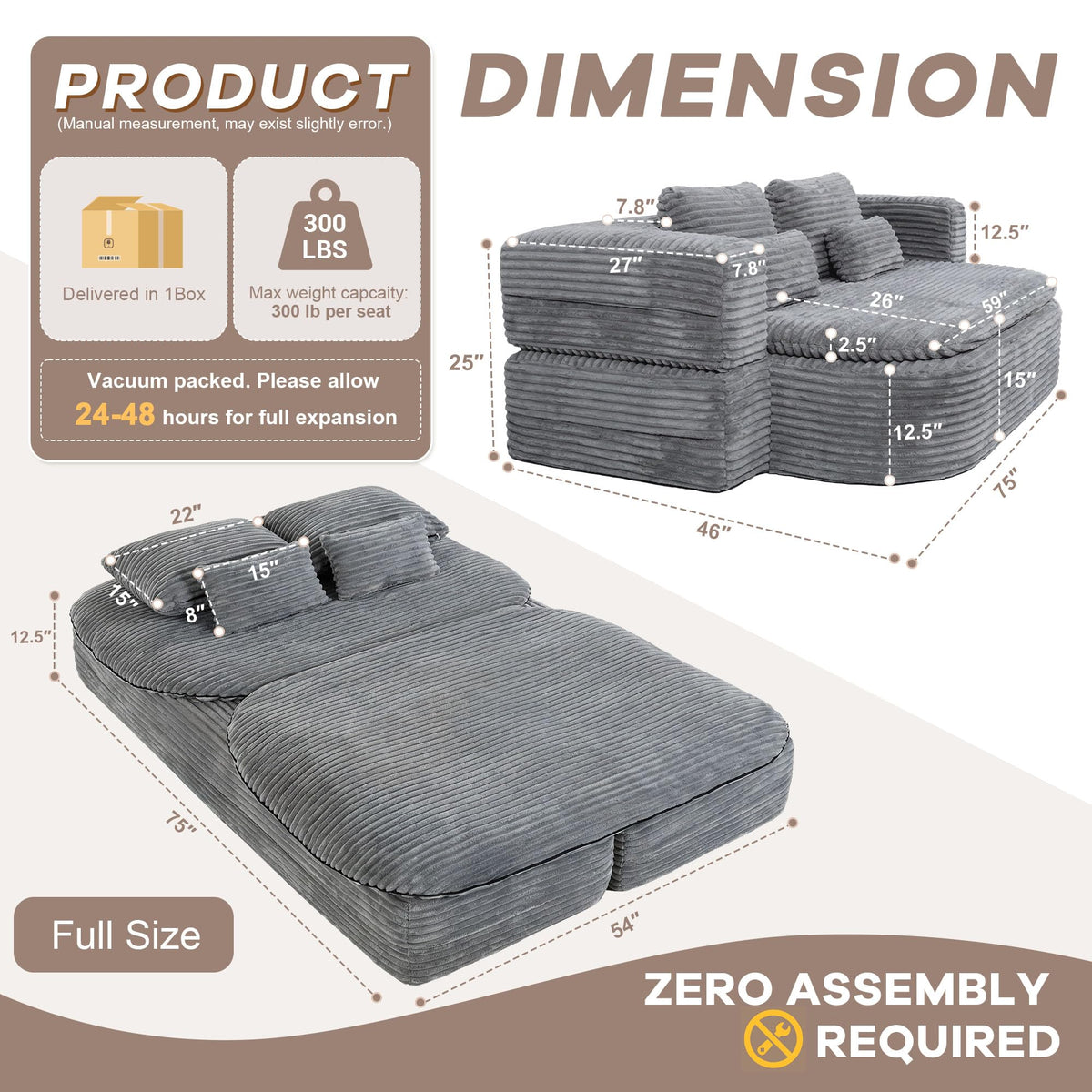 IZLKQC 75'' Folding Sleeper Sofa Bed, Memory Foam Boneless Couch