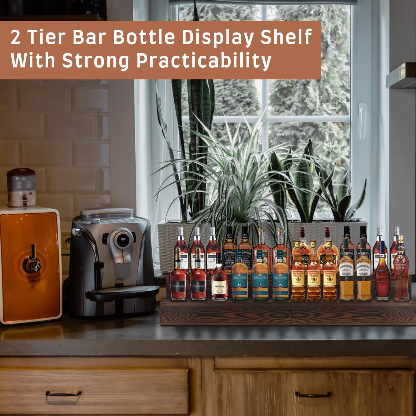 Liquor Bottle Display Shelf, 2 Pack Wood Bar Shelves, Tabletop Wine Rack, Bottle Stand for Liquor Display, Home Bar Display