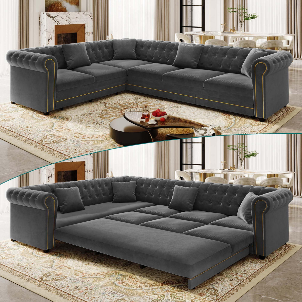 115.3'' Sleeper Sofa Bed King, Velvet Chesterfield Pull Out Couches, Gray