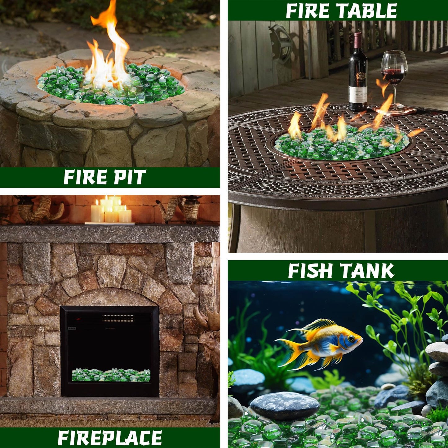 vchin Fire Pit Glass Rocks Square, Fire Glass Cubes, Tempered Beads for Fireplace, Firepit Table Indoor or Outdoor, Replacing Traditional Burning Wood 20 pounds, Green Reflective