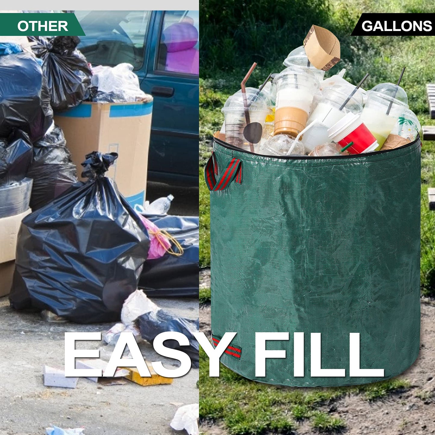 Pilntons 4 Pack 72 Gallons Reusable Yard Waste Bags with Lid Extra Large Lawn Leaf Bags Heavy Duty with 4 Handles Garden Waste Bags Container for Clean Up Outdoor Debris Leaves Grass Clippings
