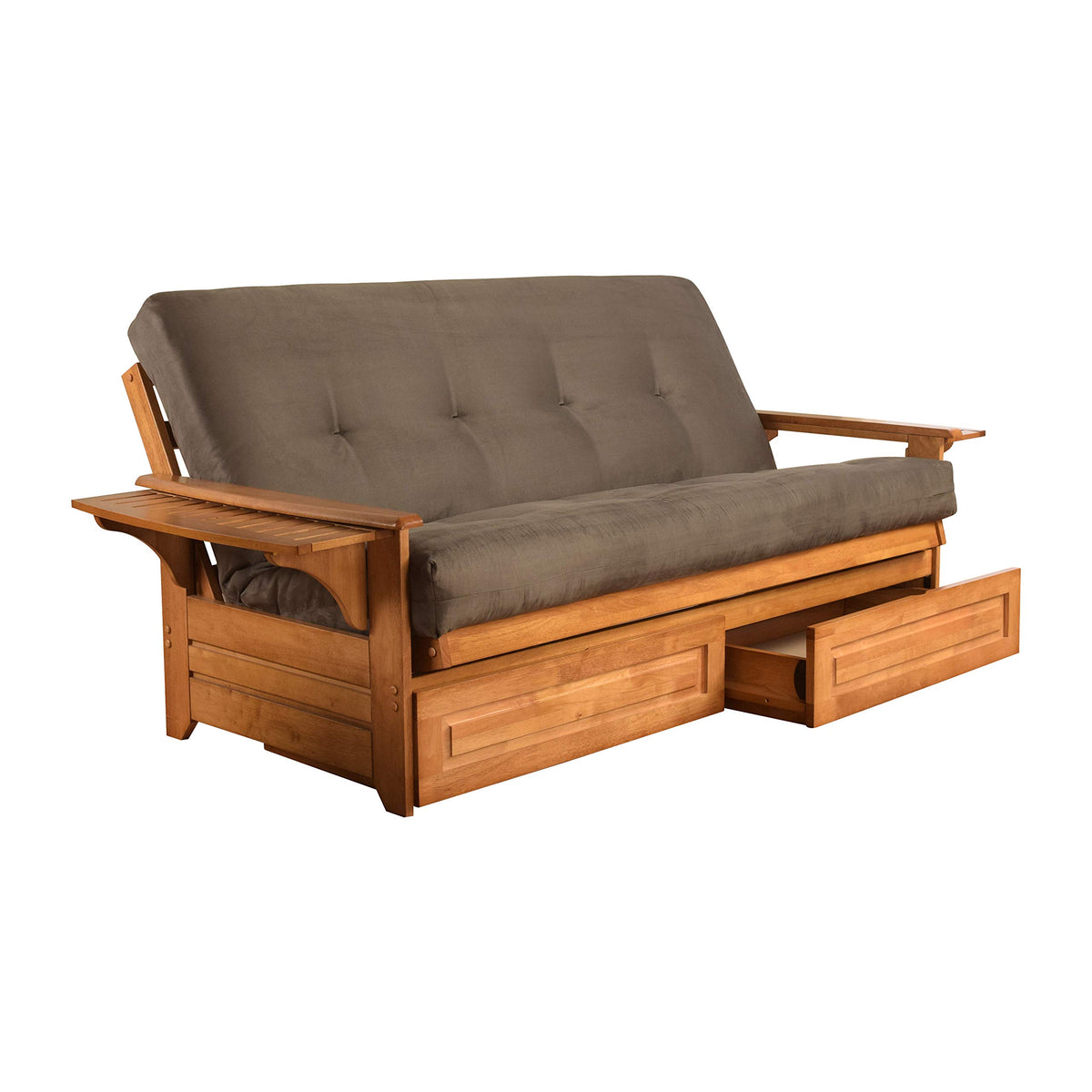 Lakefront Complete Futon - Drawers, Frame and Mattress Set - Arm Tray 8" Innerspring Queen Size Sofa Under Bed Storage Lounger (Gray, Queen)