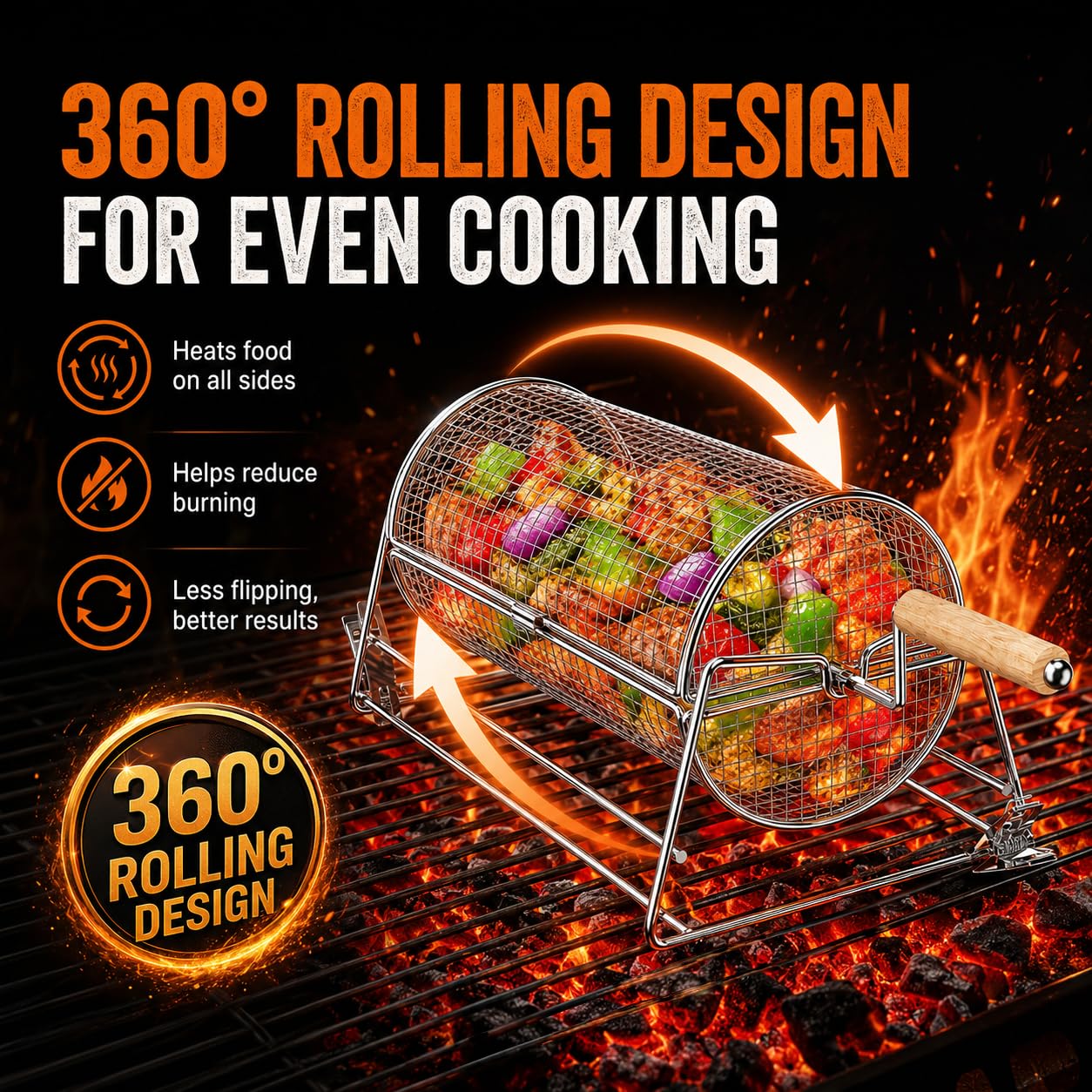 2-in-1 Rolling Grill Basket with Dual Handles, 304 Stainless Steel Rotatable BBQ Basket with Crank Handle & Straight Grip Handle, Grill Net for Vegetables, Shrimp & More, Gift Idea for Men, Dad, Husband