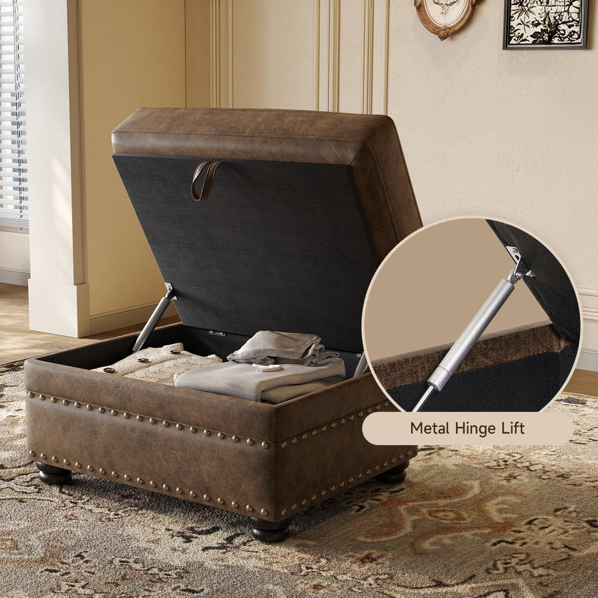 ONBRILL Faux Leather Ottoman with Storage, Rectangle Leather Foot Stool