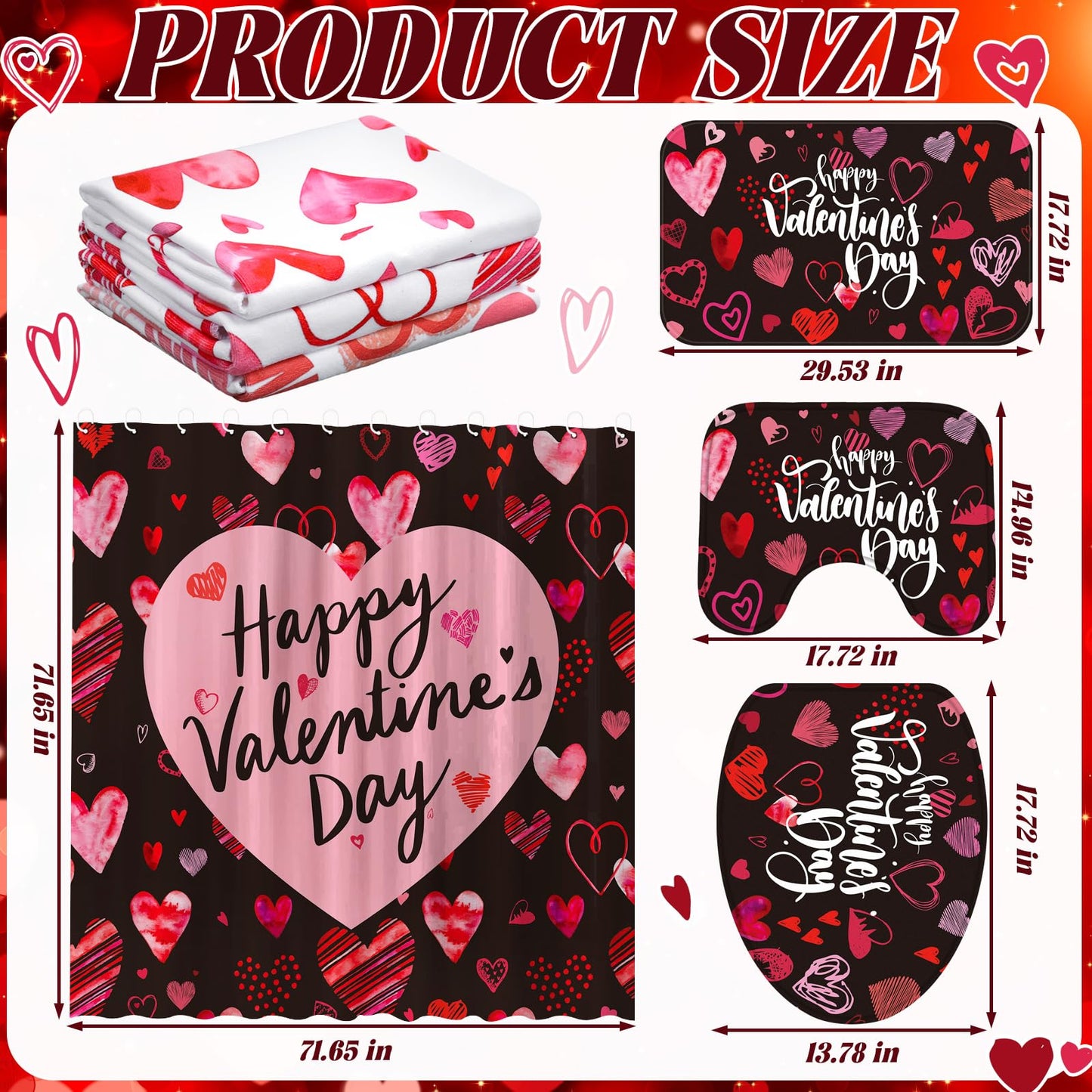 Newwiee 7 Pcs Valentine Shower Curtain Set for Bathroom Sweet Heart Bathroom Sets with 3 Towels Happy Valentine Shower Curtain Nonslip Rugs Toilet Lid Cover Bath Mat(Arrow)