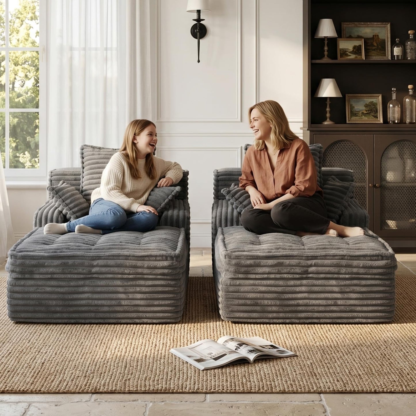 feliz home Boneless Chaise Lounge Couch Indoor, Small Corduroy Upholstered Sleeper Sofa Bed Reading Chairs with 3 Pillows, Fluffy Comfy Cloud Sofas Couches, Compression Boneless Sofa for Small Corner