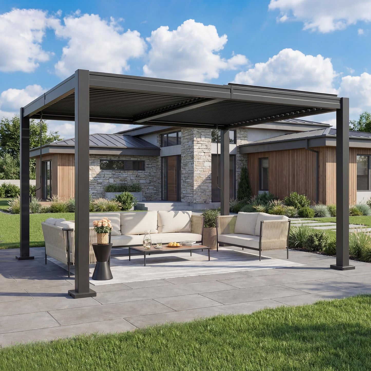AirWire 10x12 FT Louvered Pergola, Outdoor Pergola with 2 Independent Adjustable Roof and Drainage System, Metal Patio Pavilion, Hardtop Gazebo for Patio, Deck, Garden, Dark Gray