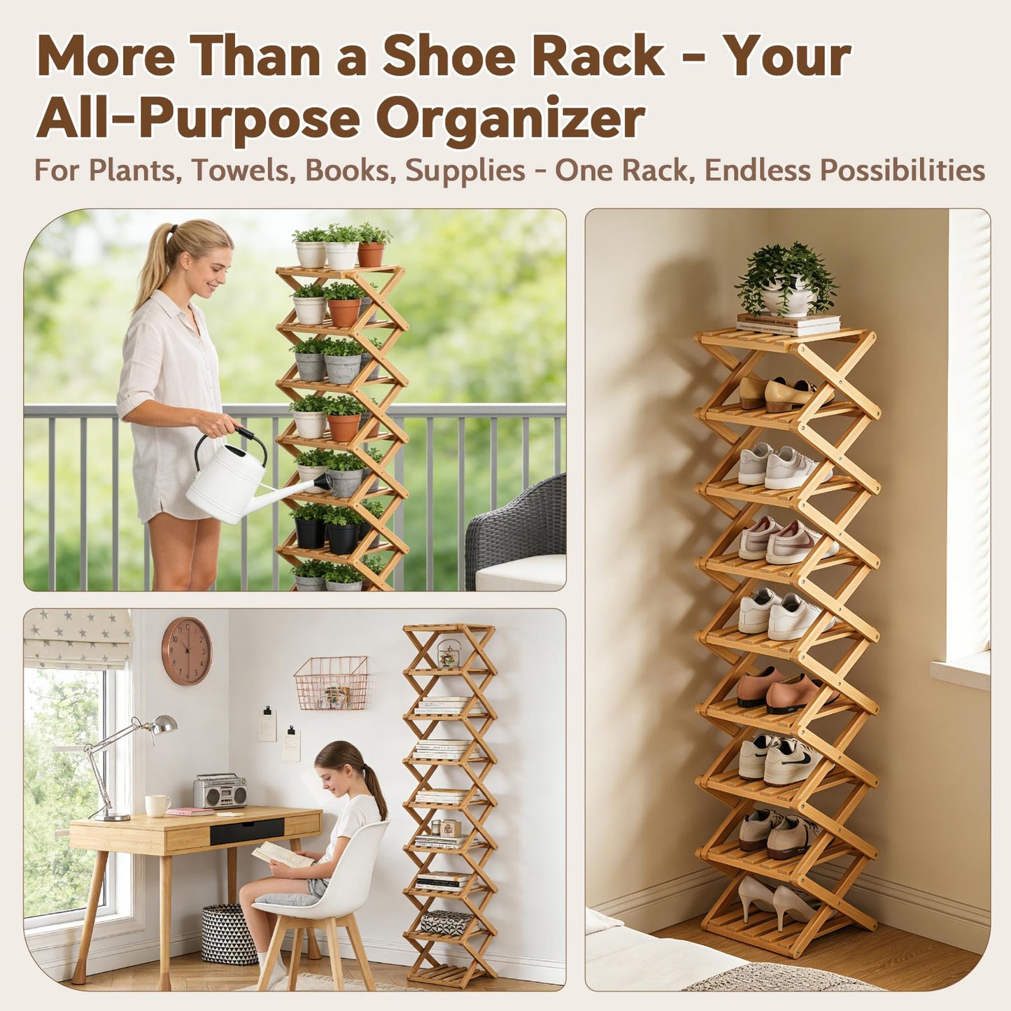 9 Tier Bamboo Shoe Rack, Foldable Narrow Shoe Organizer, Space Saving Vertical Shoe Storage Shelf Tower, No Assembly Eco-Friendly Wooden Shoe Rack for Closet & Entryway, Small Spaces (Bamboo, 9)