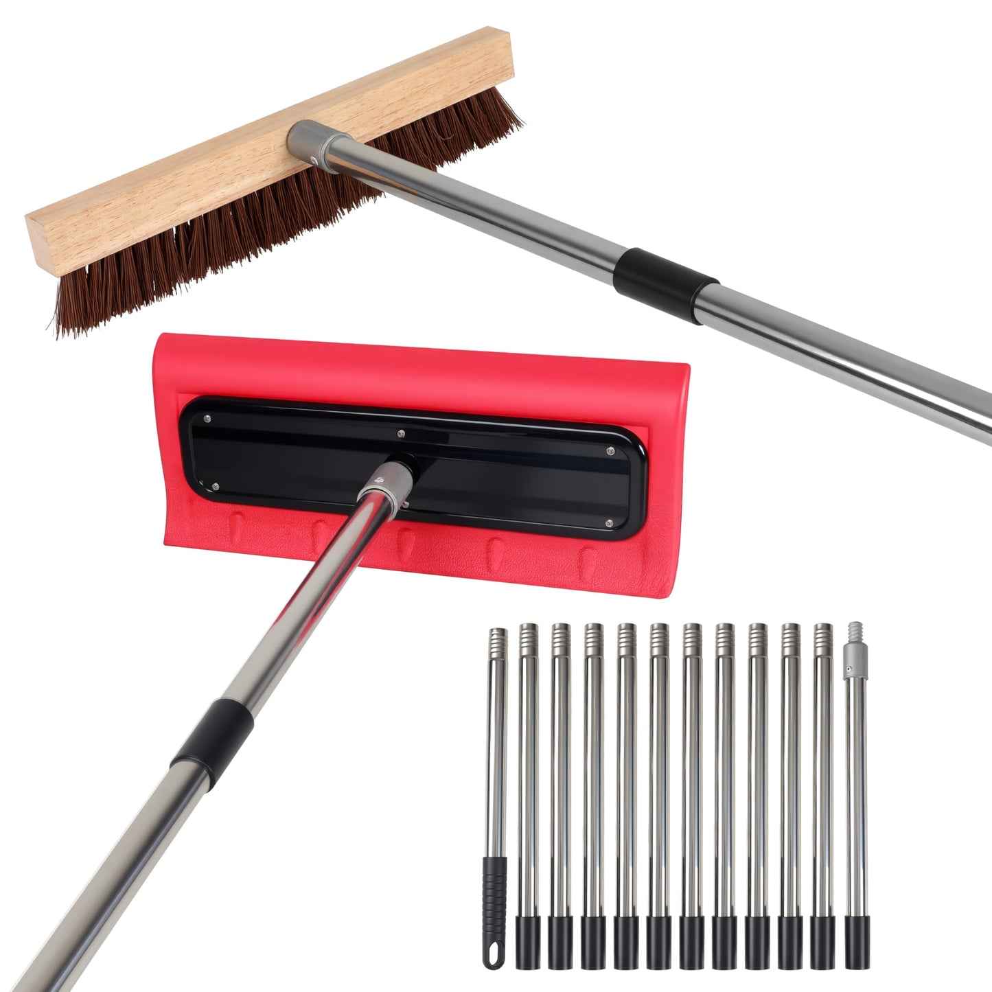 2-in-1 Leaf Roof Brush and Snow Rake, Roof Cleaning Brush & Leaf Removal Tool, Adjustable 5-20ft Cleaning Brush Tool for Cleaning Shingles, Solar Panels, Car Tops with No-Scratch Head