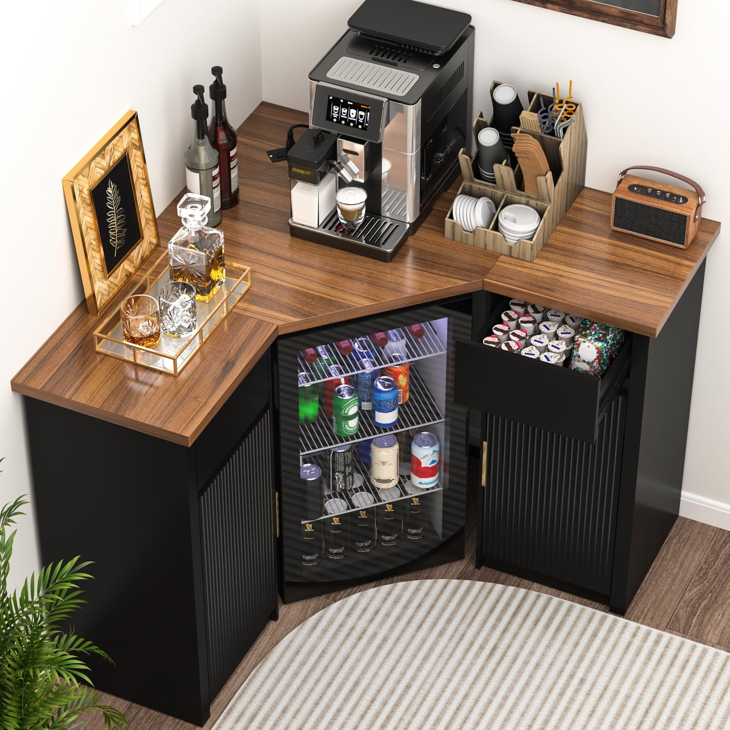 GDLF Corner Bar Cabinet with Fridge Space, Corner Coffee Bar Station with Storage, L Shaped Liquor Wine Cabinet for Home