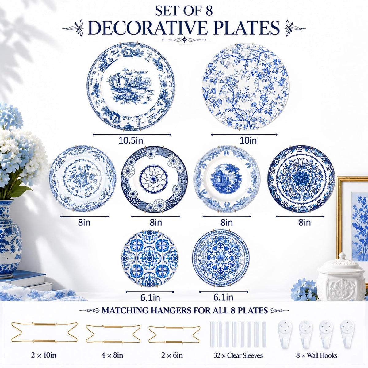Ferrochef 8 Pcs Blue and White Ceramic Wall Plates with Hangers, Classic