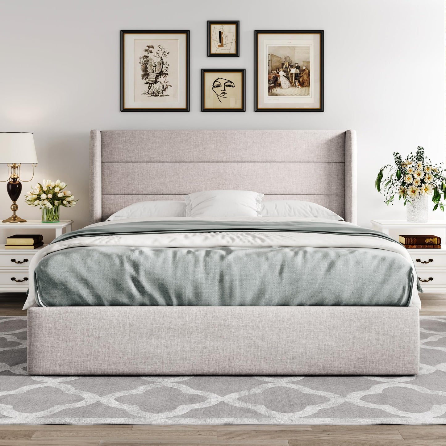 Allewie Full Size Lift Up Hydraulic Storage Bed Frame Light Beige