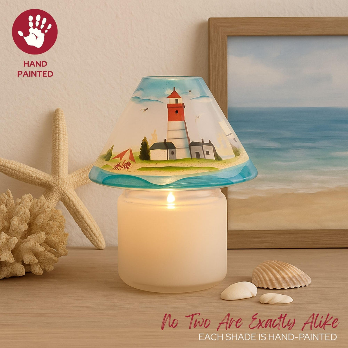 Biedermann & Sons Hand-Painted Seashore Scene Jar Candle Shades, Multicolor, 4 Inch Tall - Set of 4