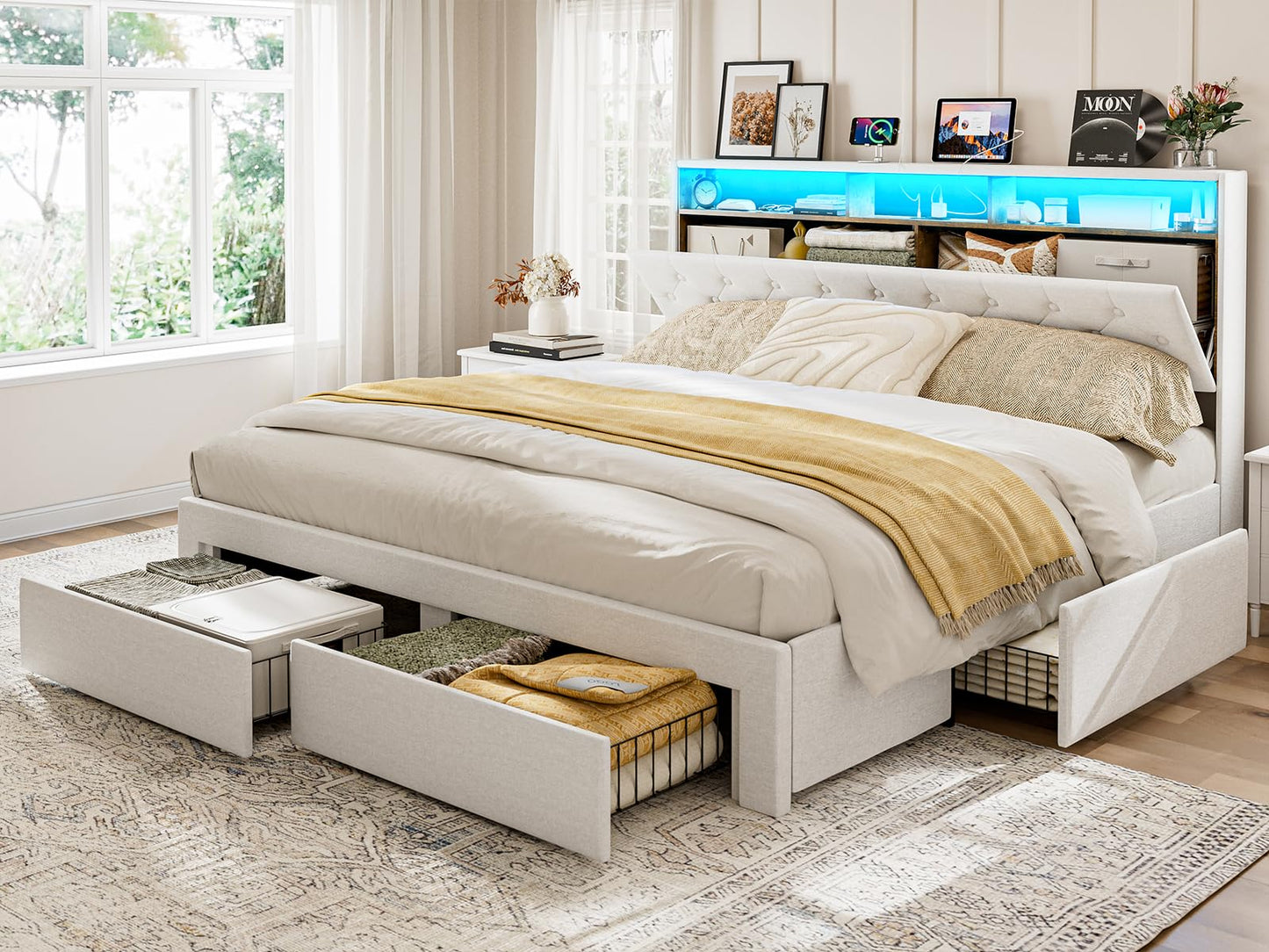 AOVSA California King Bed Frames with 4 Drawers, Hidden Storage Headboard with LED Lights and Charging Station, Upholstered Cal King Platform Bed, Noise Free, No Box Spring Needed, White
