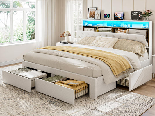 AOVSA California King Bed Frames with 4 Drawers, Hidden Storage Headboard with LED Lights and Charging Station, Upholstered Cal King Platform Bed, Noise Free, No Box Spring Needed, White