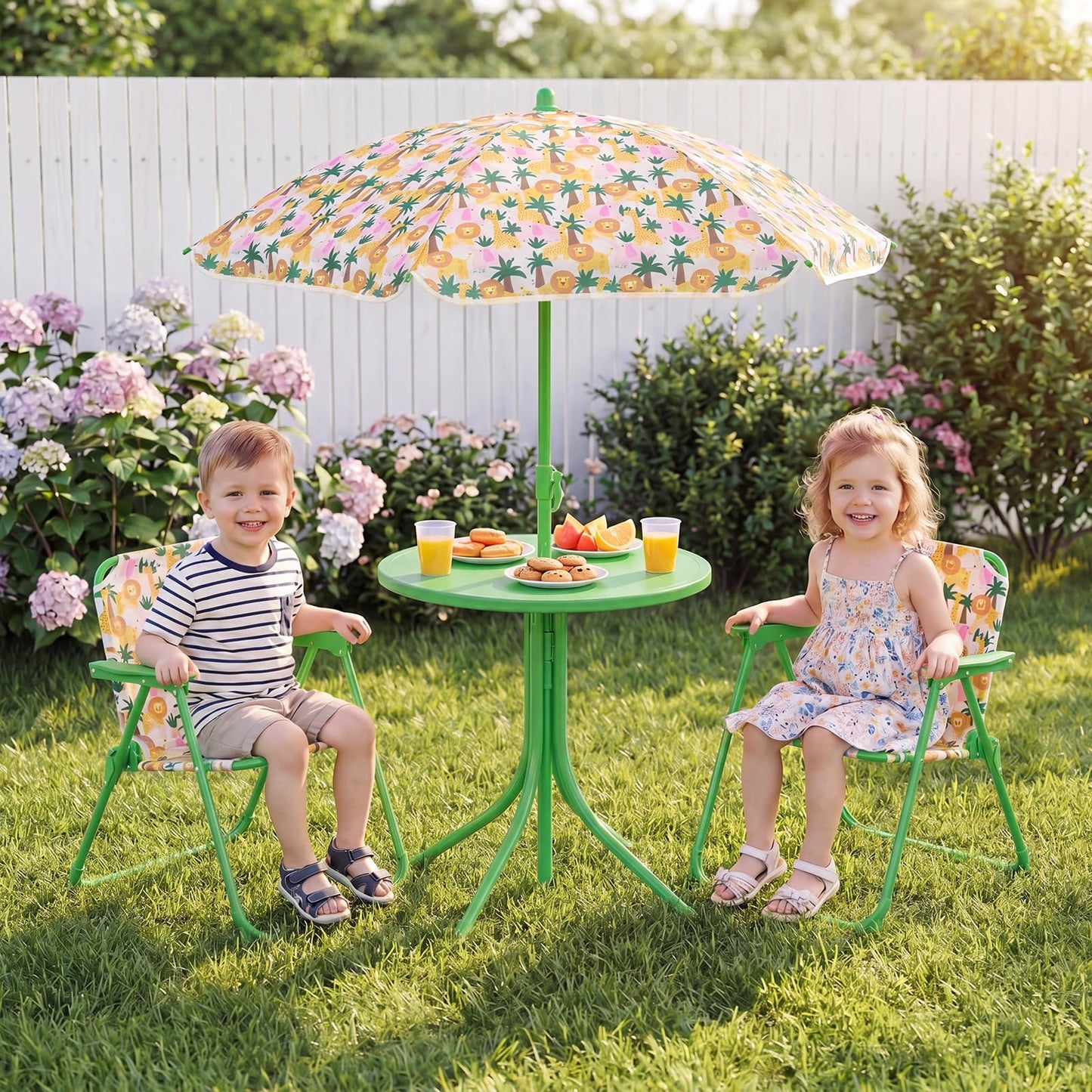 Costzon Kids Picnic Table, Kids Outdoor Table with 2 Folding Chairs, Height Adjustable Umbrella, Portable Children Outdoor Furniture for Patio, Garden, Backyard (Green Forest)
