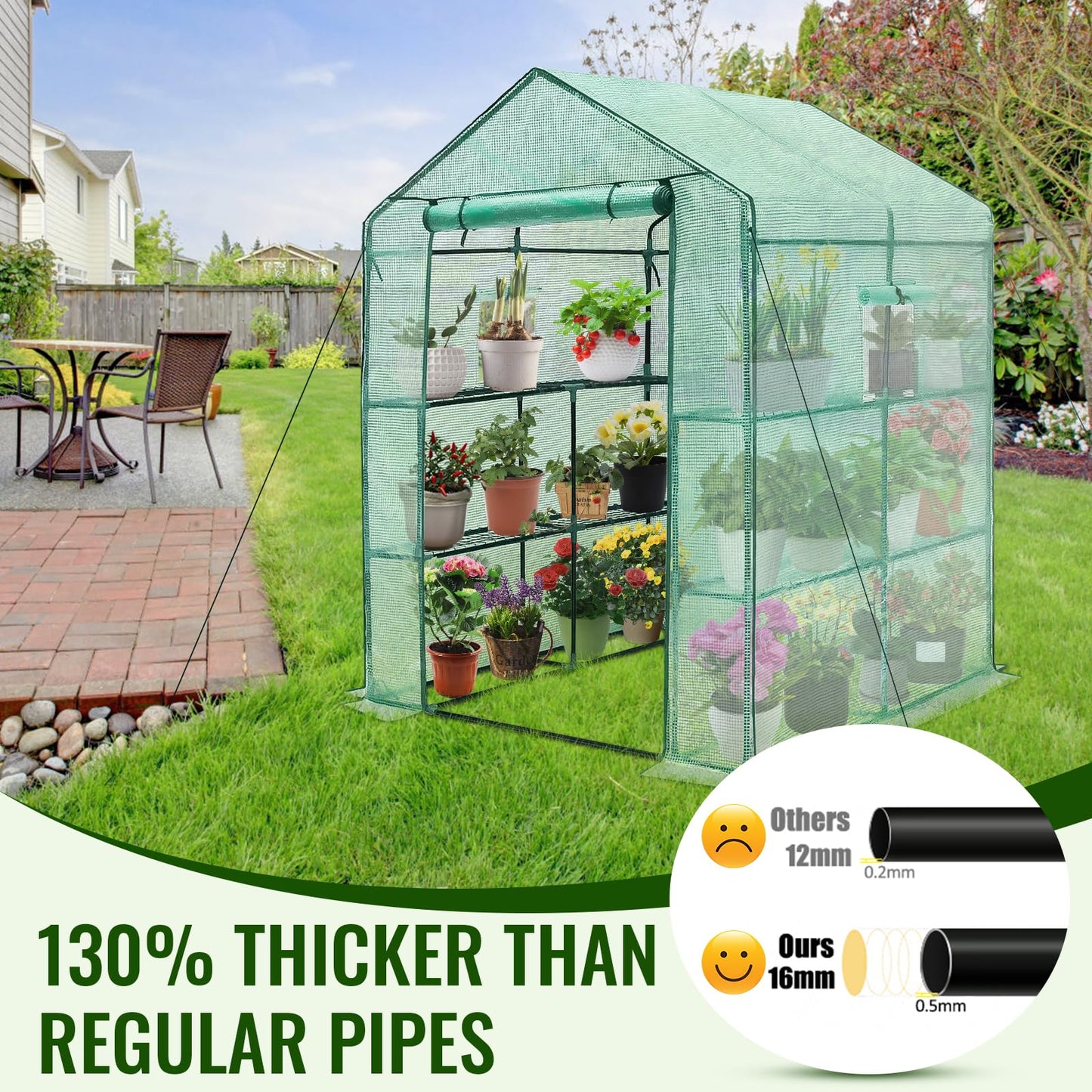 Greengro Greenhouse, 57 x 57 x 76'' Greenhouses for Outdoors, Portable Greenhouse Kit with Mesh Side Windows, PE Cover, 8 Shelves, Heavy Duty Walk in Green House for Backyard Garden Indoor Outside