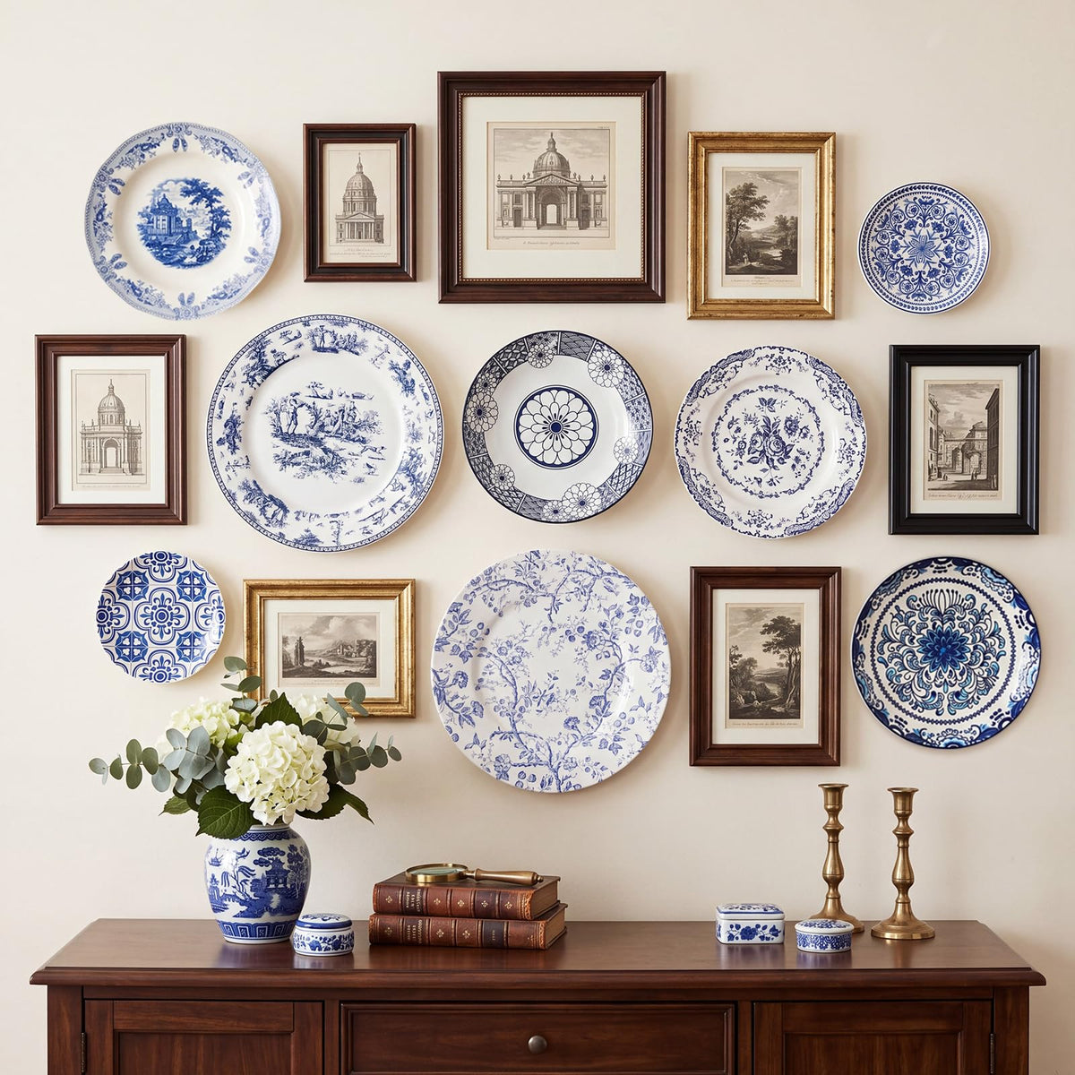 Ferrochef 8 Pcs Blue and White Ceramic Wall Plates with Hangers, Classic